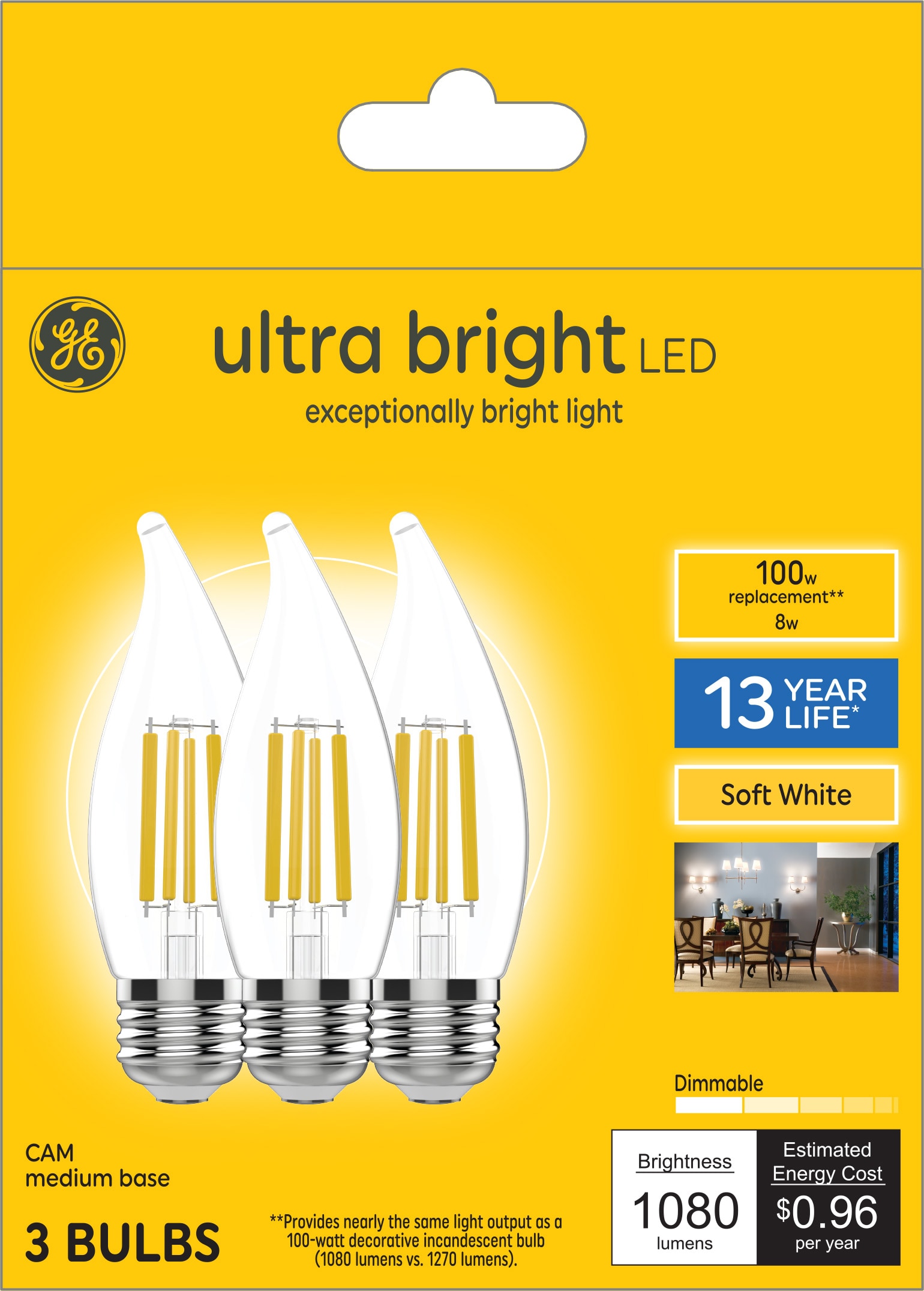 GE 93130037 Ultra Bright LED 100 -Watt EQ CA12 Soft white Medium base (E-26) Dimmable LED Decorative Light Bulb 3 -Pack