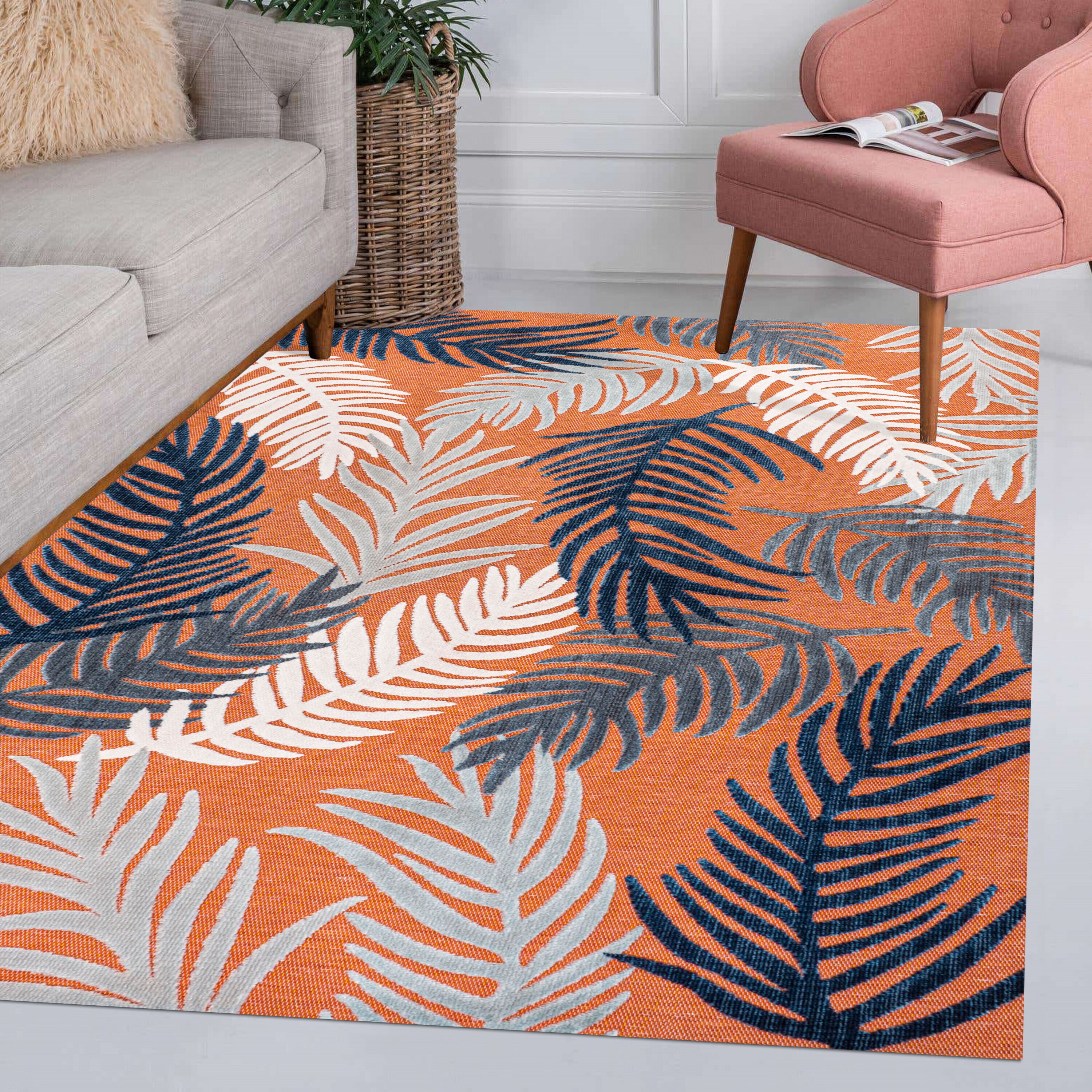 Montego Tropical Palm Orange Navy Ivory 3' x 5' Synthetic Area Rug