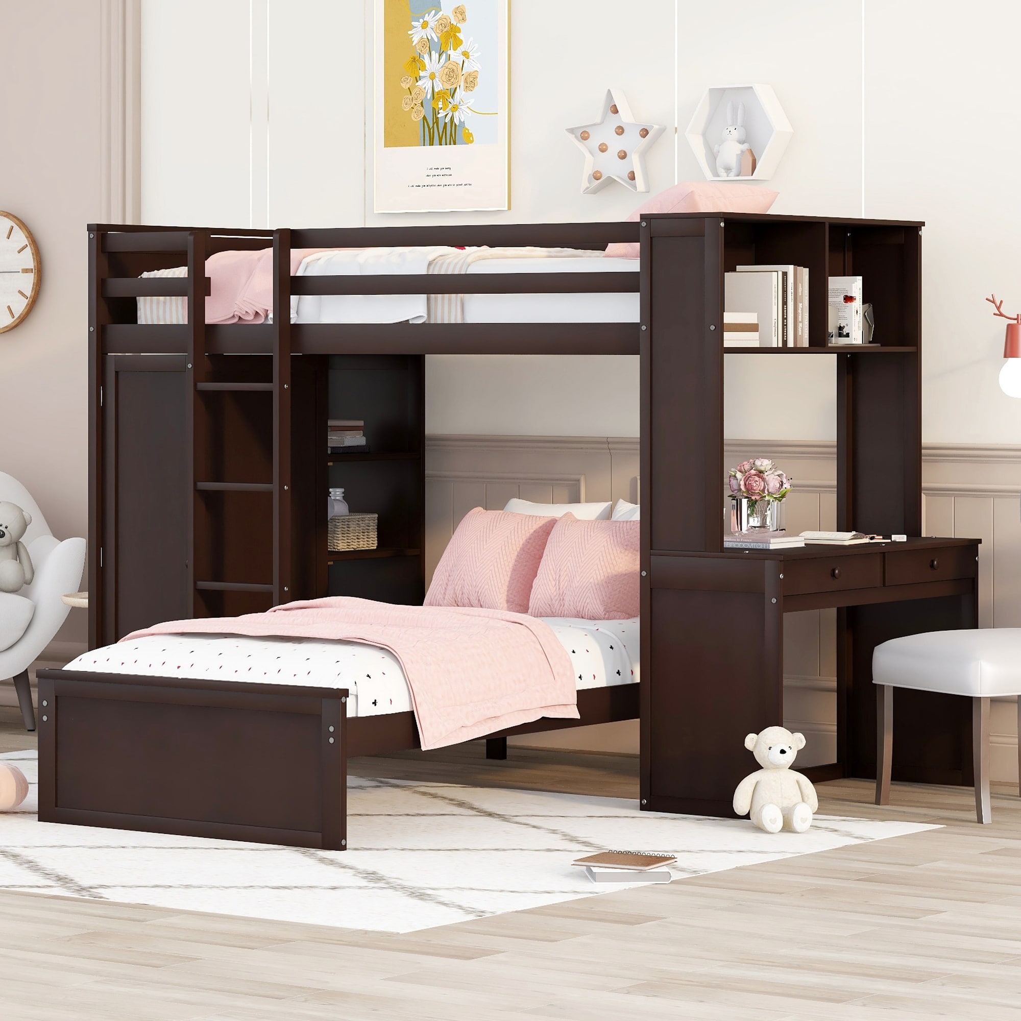 ModernLuxe L3P-LT000820AAP Twin size Loft Bed with a Standalone bed ShelvesDeskand WardrobeEspresso