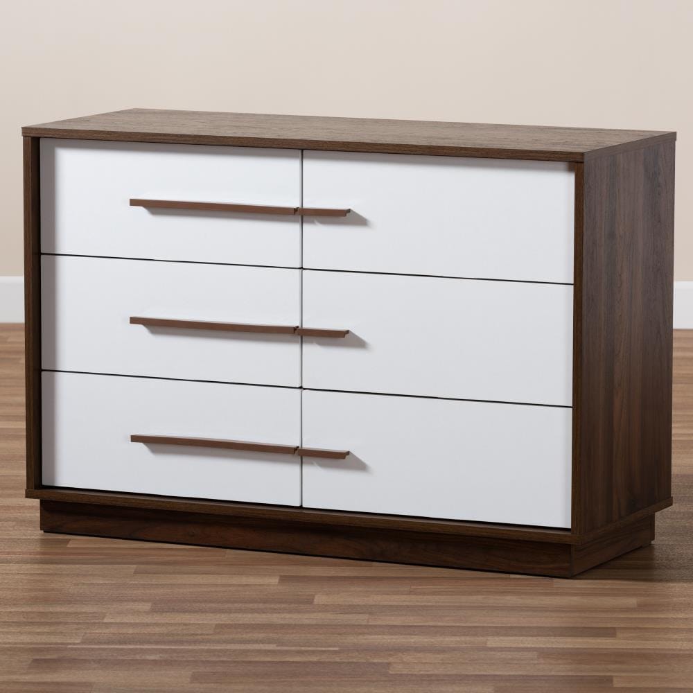 Baxton Studio Mette White Walnut 6 Drawer Standard Dresser in the