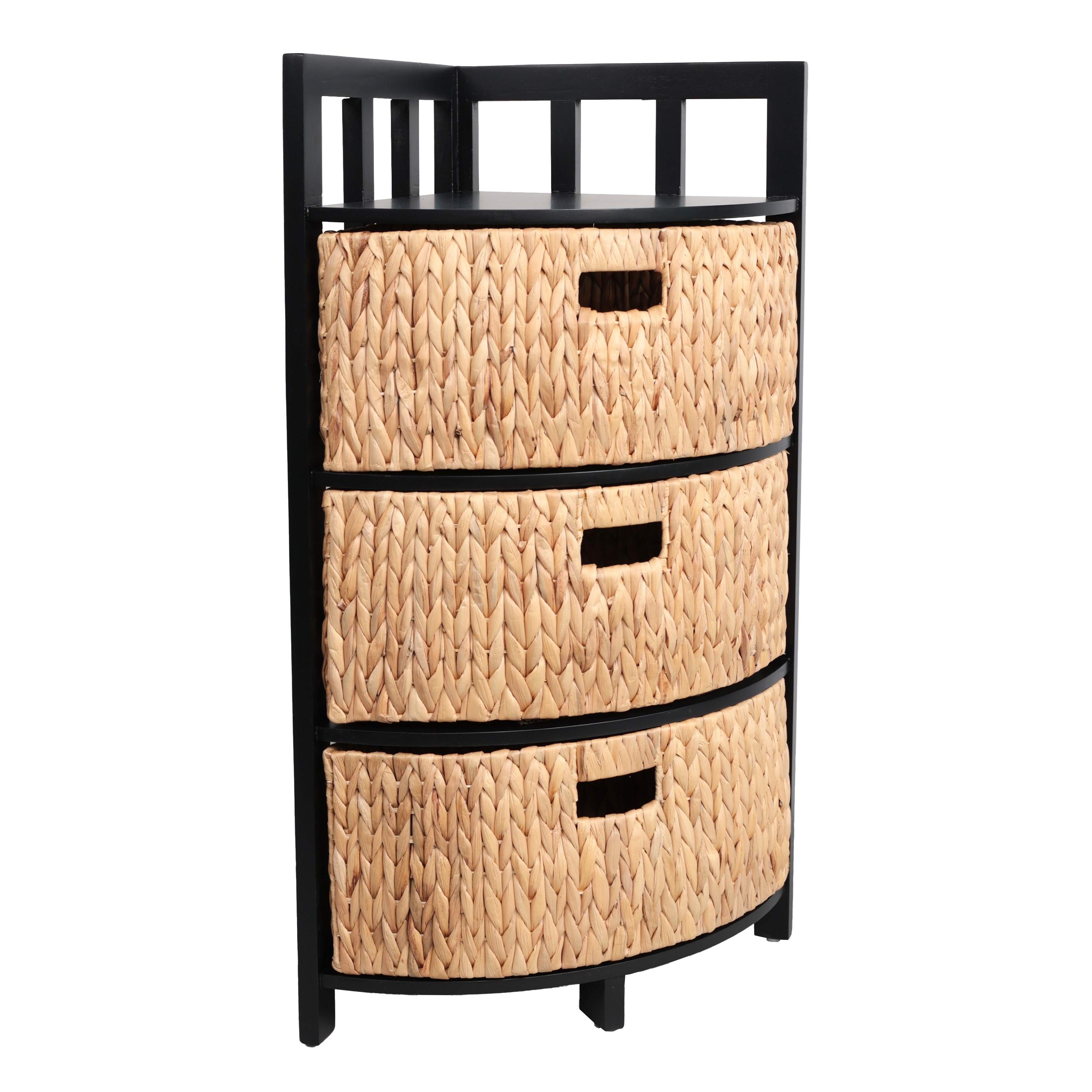 happimess Quart 34 in. H Handcrafted Acacia Wood 3-Tier Corner Storage Cabinet with 3 Water Hyacinth Baskets - Black