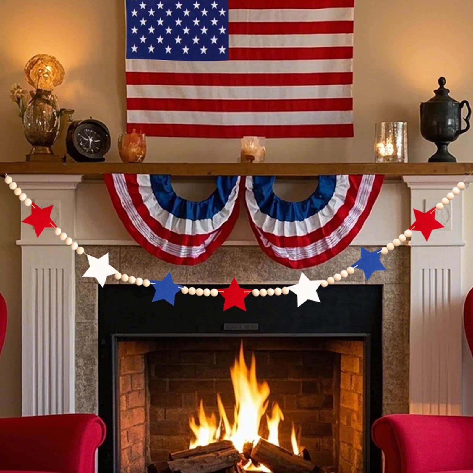 Afoxsos  Red White Blue Americana Wood Bead Garland with Felt Stars Patriotic Banner for Mantel Wall or Table Decor for July Fourth Memorial Day