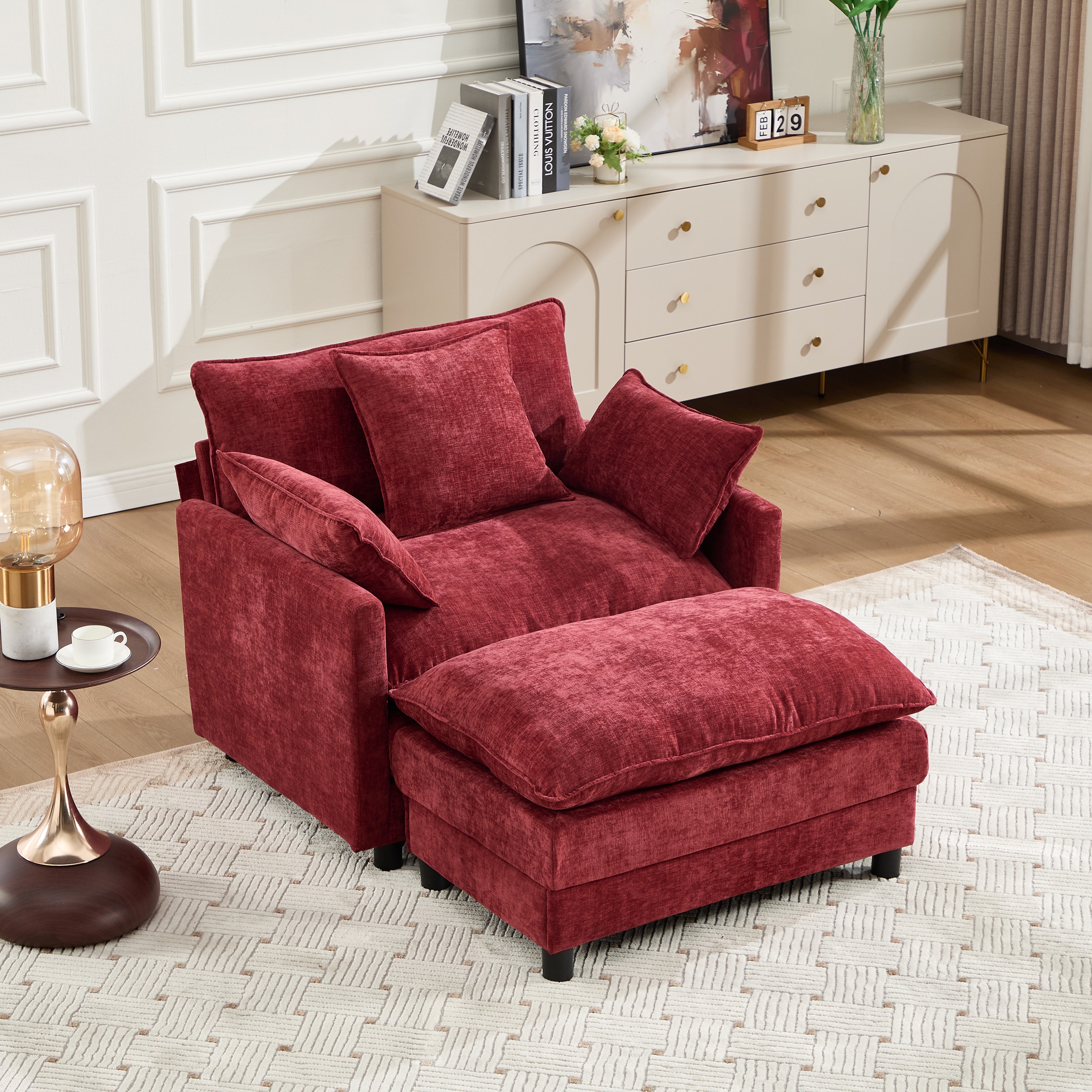 MAYEERTY  39.4 Inch Modern Accent Chair with Ottoman Wine Red Chenille Upholstered Club Armchair Reading Chair for Living Room Bedroom