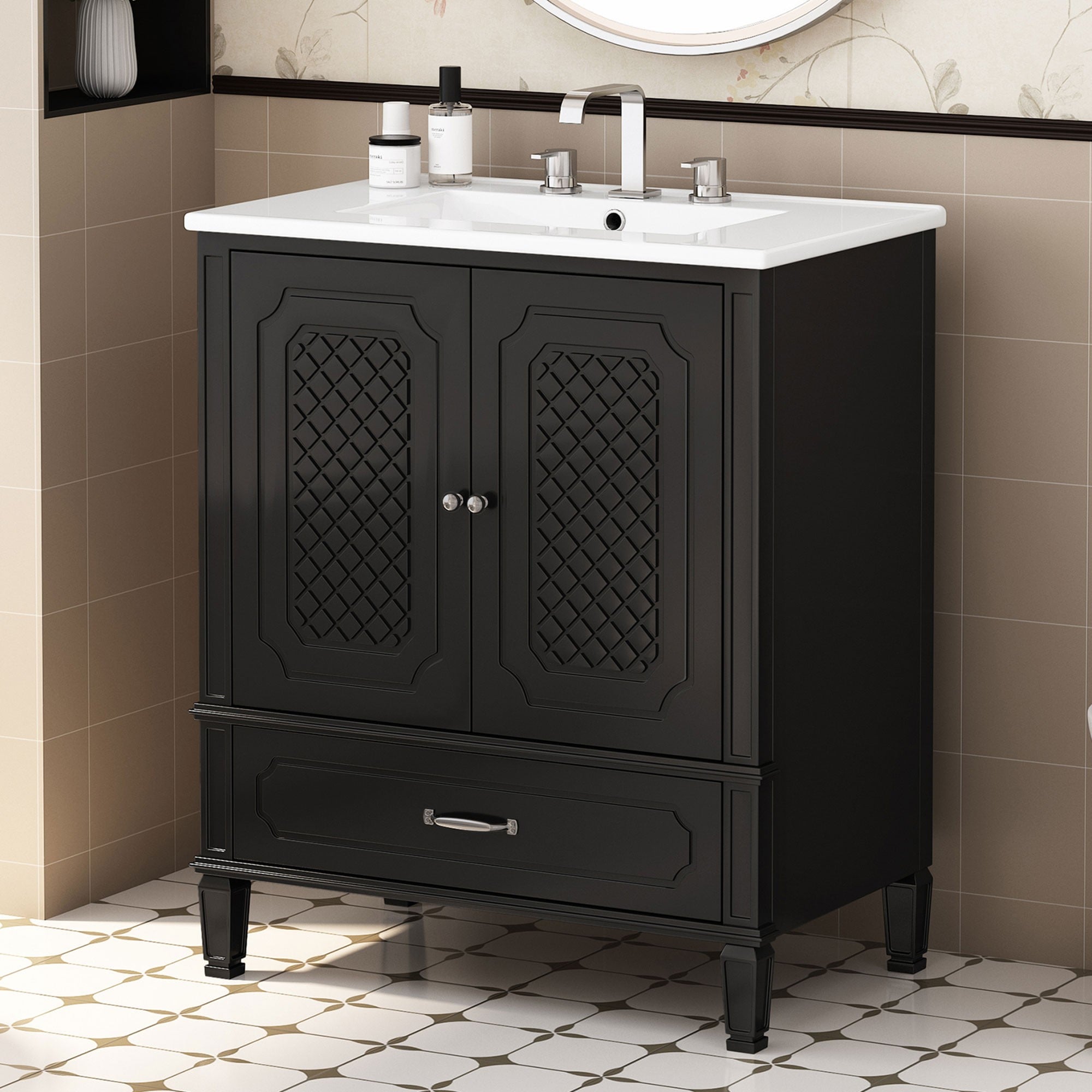 Dexmalle - 30-in Black Elegant Freestanding Single Sink Bathroom Vanity with White Ceramic Sink
