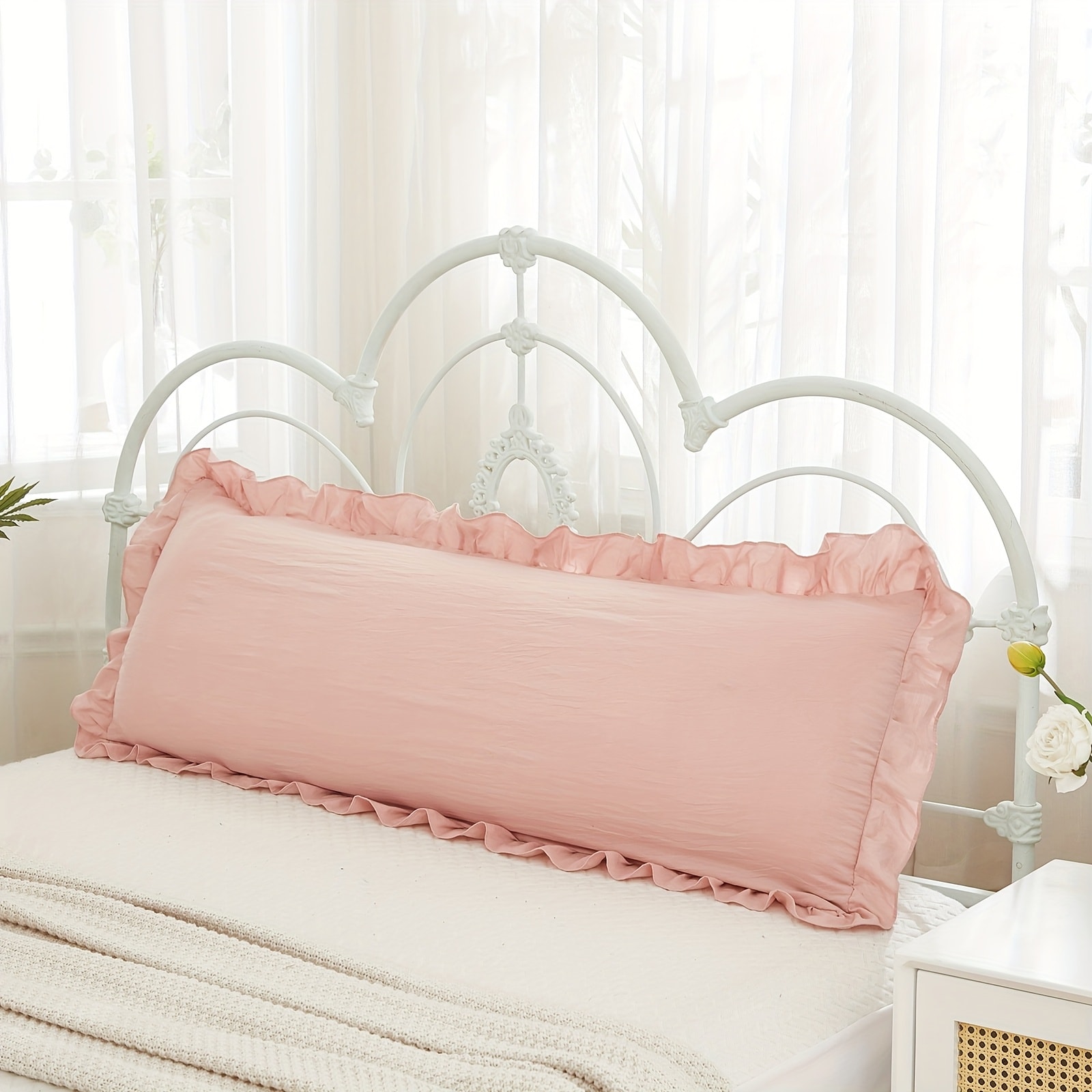 DecorUHome PC2054PK 1pc 20x54in Soft Ruffled Edge Long Pillowcase Washed Microfiber Envelope Closure Decorative for Sofa Bed Machine Washable Pink
