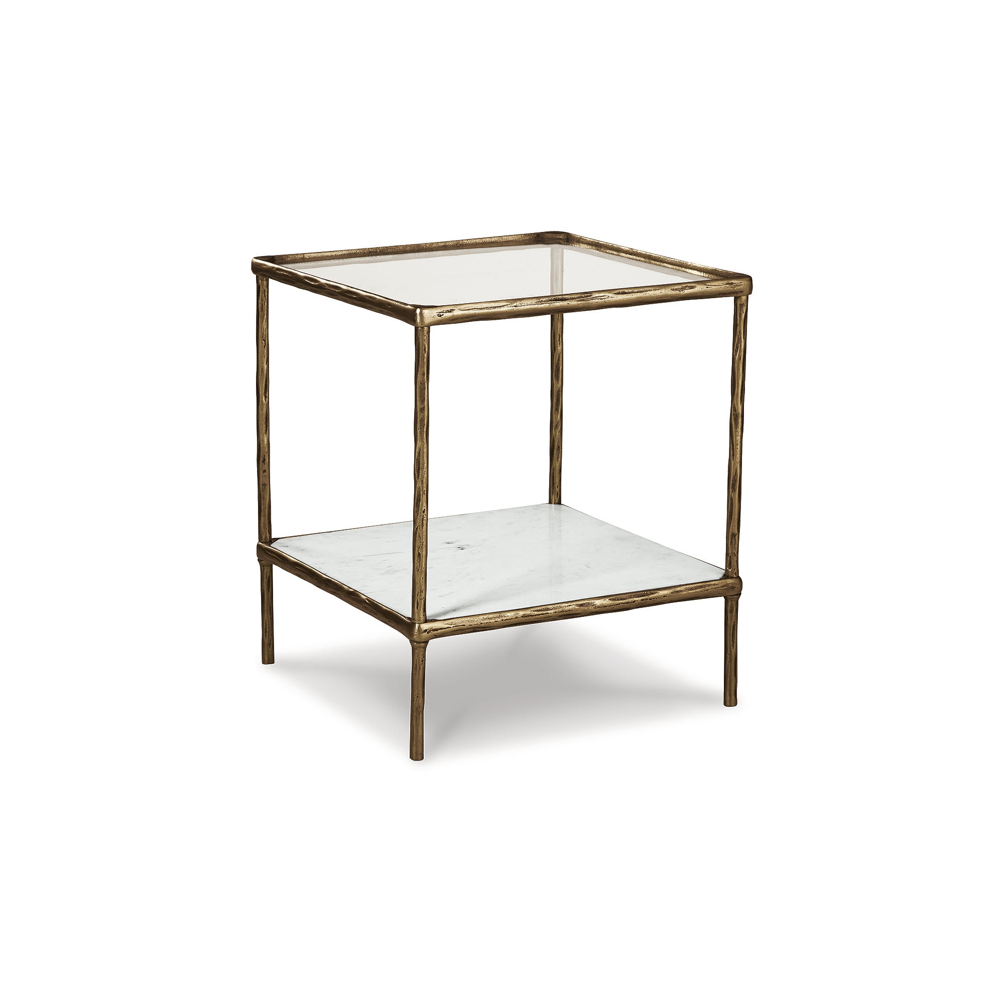 Signature Design by Ashley A4000442 Ryandale Antique Brass Accent Table with Glass Top and Marble Shelf
