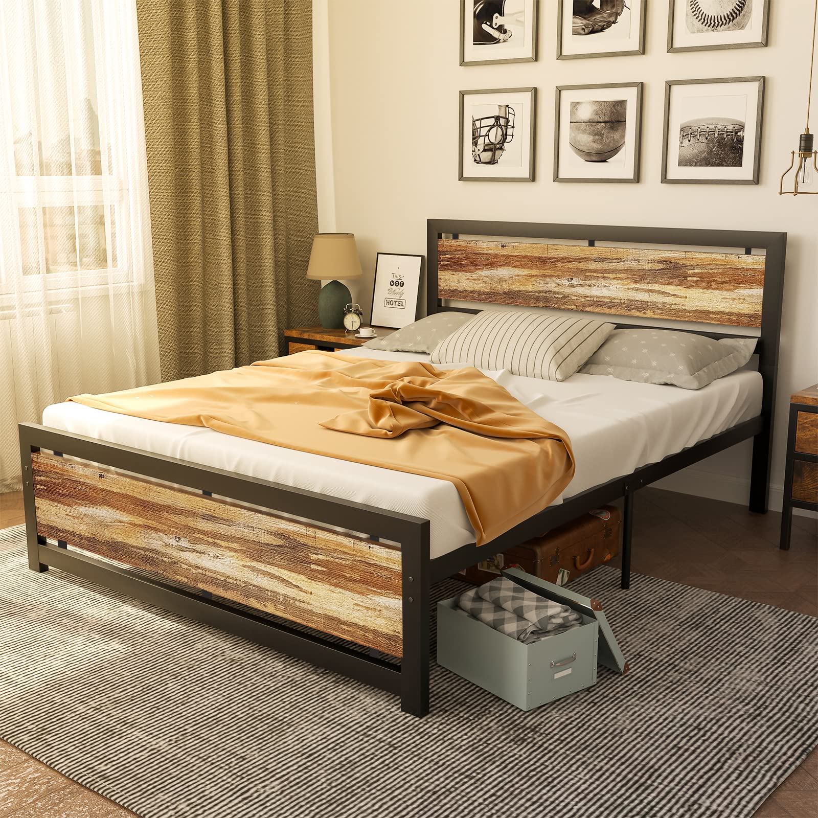 LTMATE LSCHYX-RBT01-BYMQ Queen Black Wood (rustic) Metal Bed Frame with Headboard