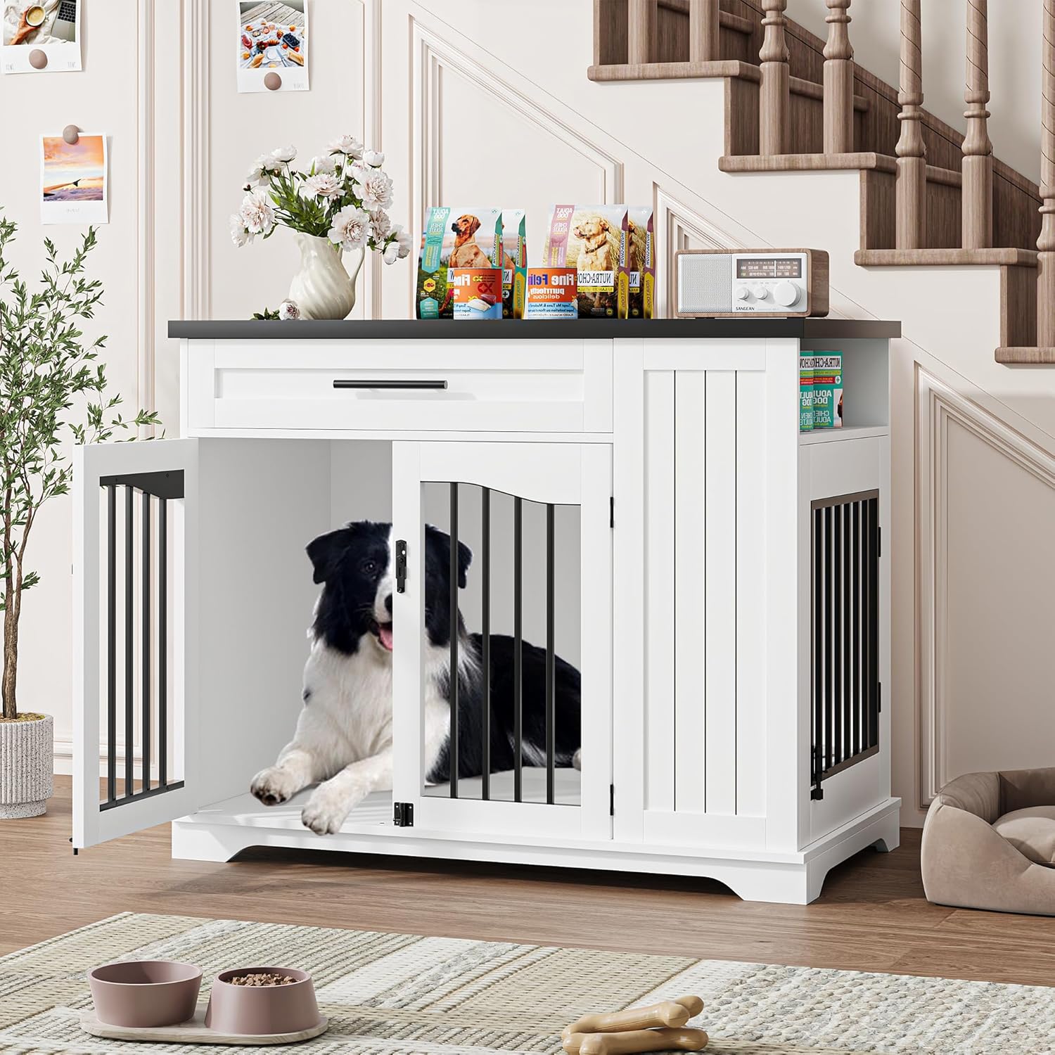 Qeetex LHF-GLG-W6I263 Wooden Dog Crate Furniture with Feeding Bowls and Storage Heavy Duty Indoor Dog Kennel End Table Decorative Furniture Dog Crate for Small Medium Large Dogs White