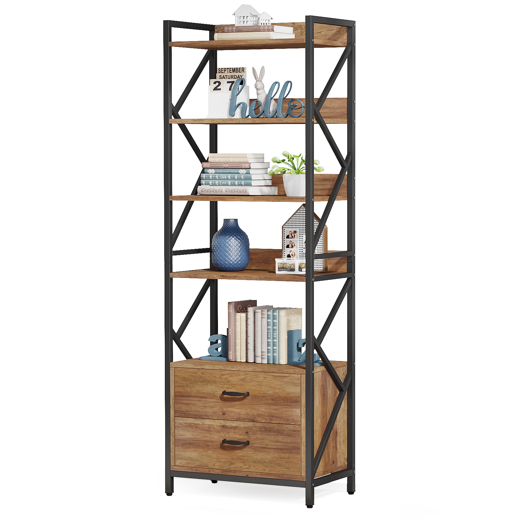 Tribesigns HOGA-F1609 Walnut Metal 5 -Shelf Bookcase ( 25.1-in W x 70.8-in H x 13.7-in D ) Finished