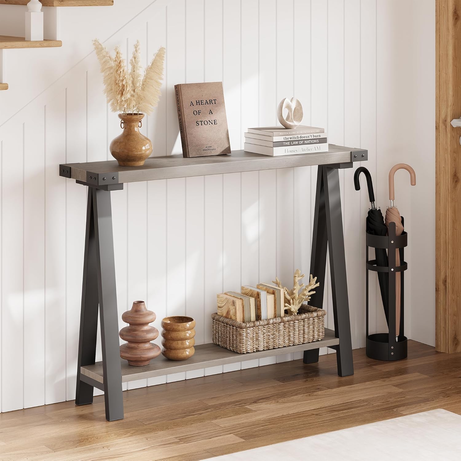 Garvee Farmhouse Narrow Entryway Table 43.3in Console Table with Storage 2 Tier Sofa Table with Metal Frame and MDF Narrow Console Table for Living Room Hallway Entryway-Rustic Brown