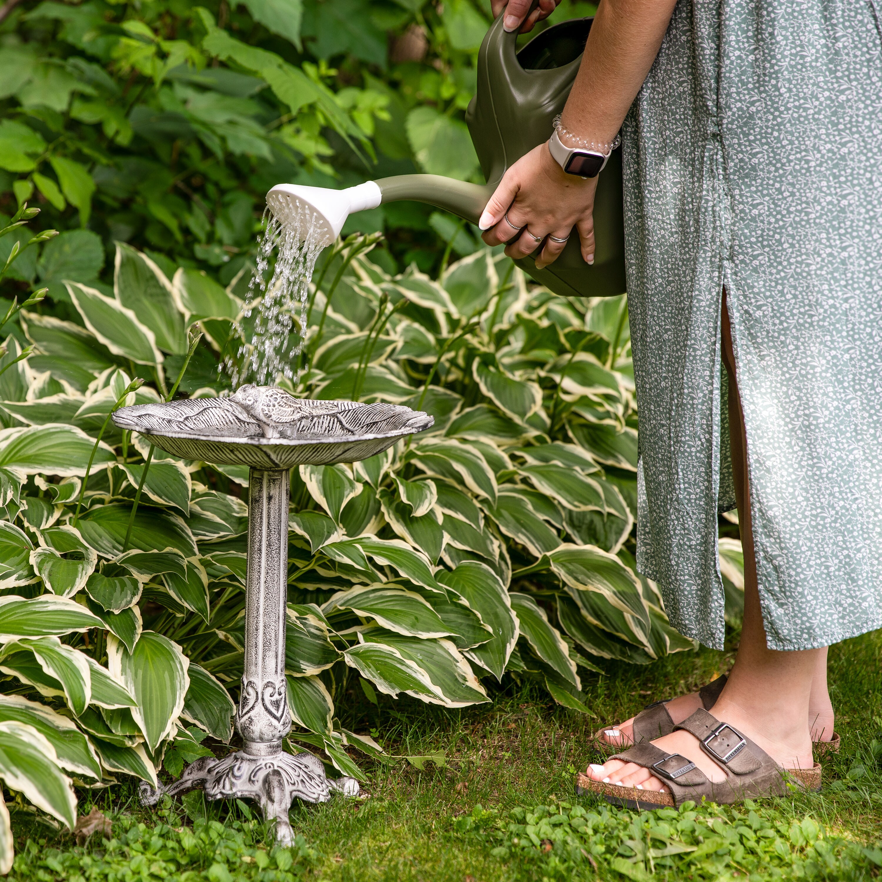 Antique Gray Cast Aluminum Bird Bath with Blossom Motif