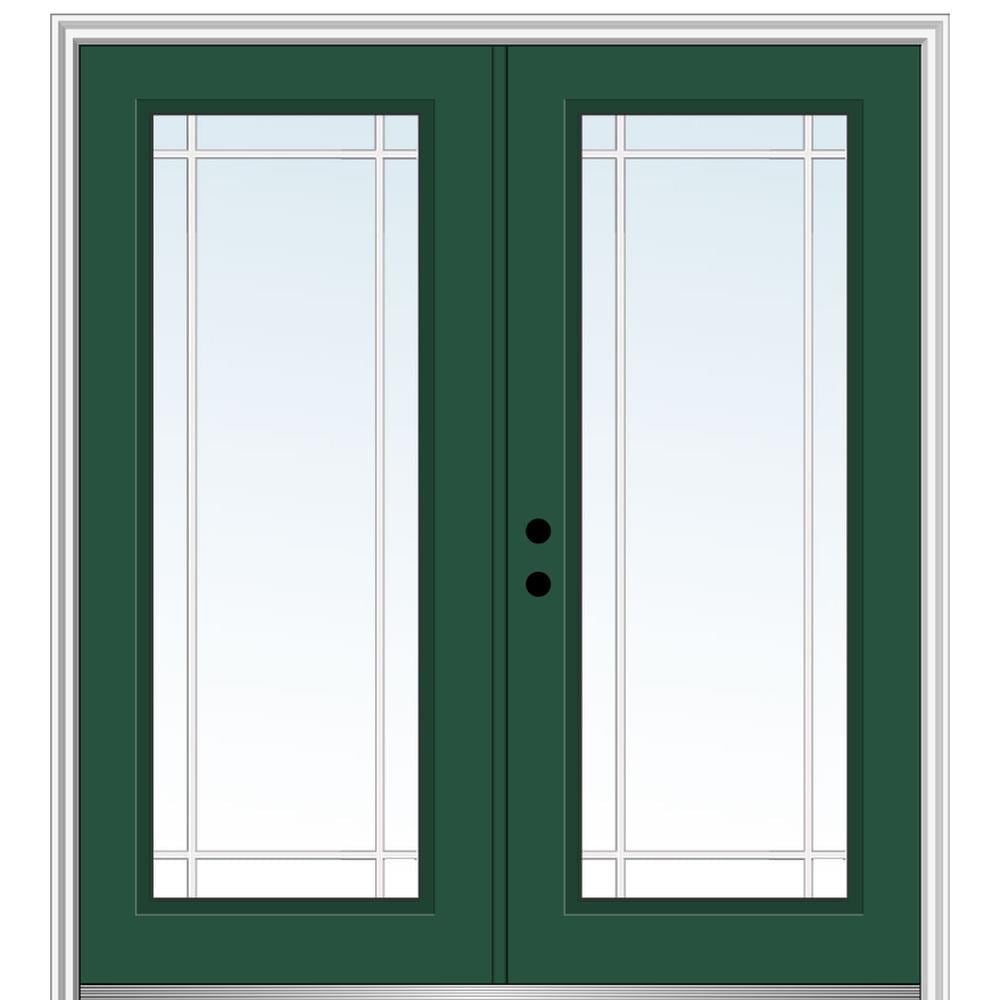 MMI DOOR ZZ05597R 60-in x 80-in x 4-9/16-in Fiberglass Full lite Right-hand inswing Hunter Green Painted Prehung Double Front Door with Brickmould Insulating core with Grilles