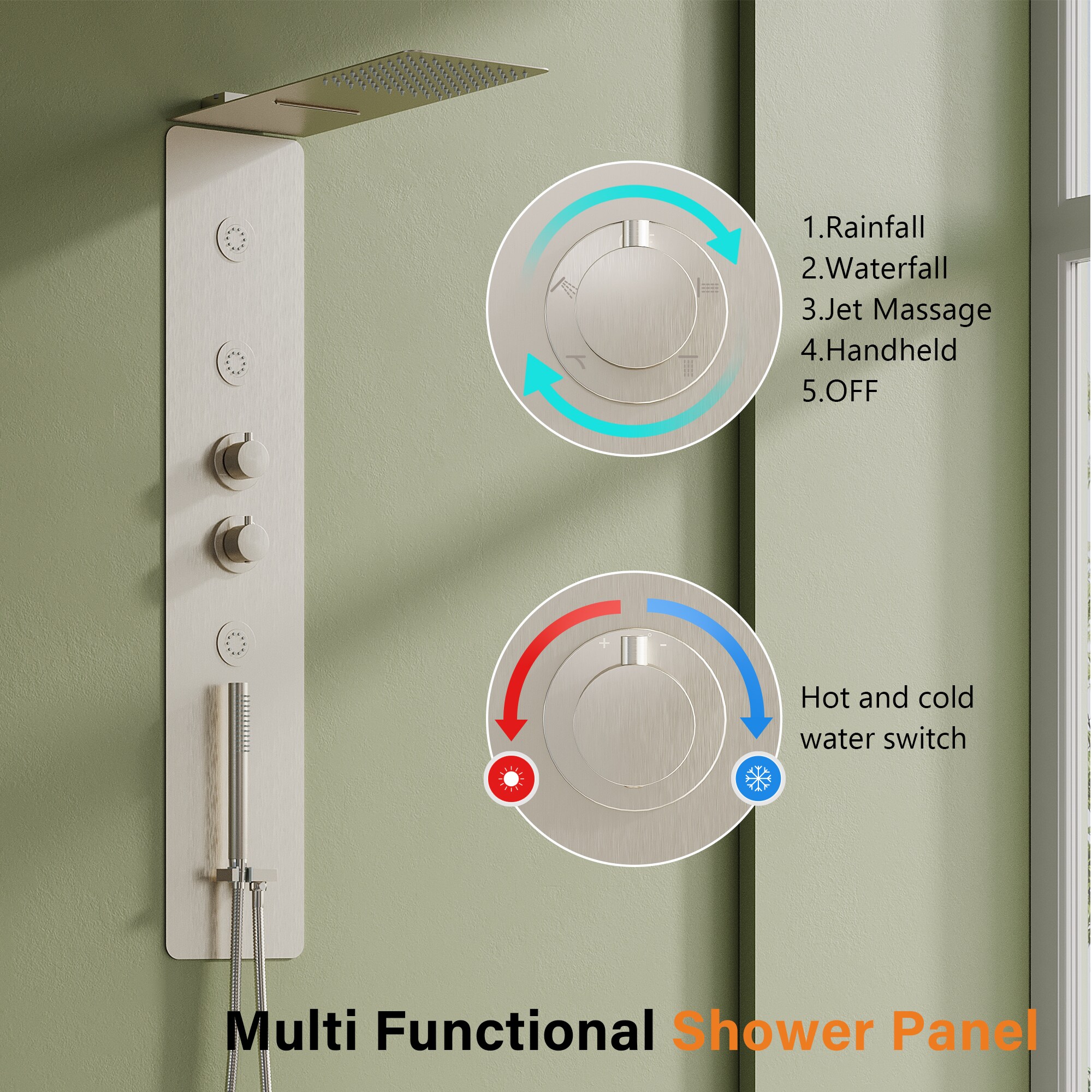 WELLFOR SPA-18037BG Showerhead-Bar-Panels - View #3