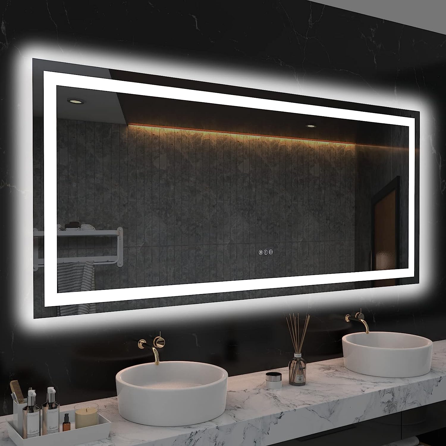 LOAAO 60-in W x 28-in H Frameless Rectangle Backlit and Frontlit Dimmable LED Lighted Fog Free Tempered Glass Bathroom Vanity Mirror