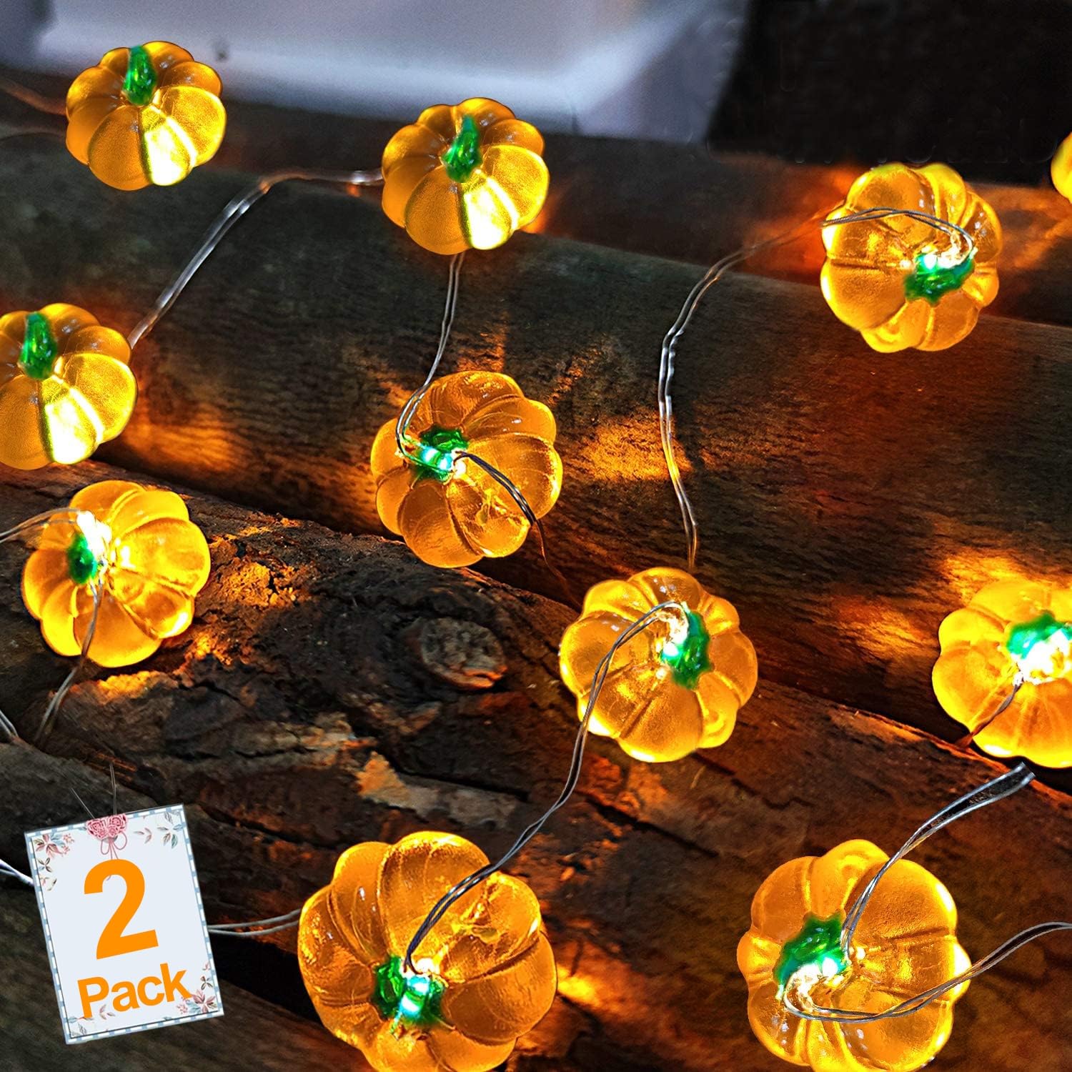 Segrass 2-Pack 3D Pumpkin String Lights 20FT 40 LED Warm White Battery Operated Indoor Outdoor Fall Halloween Thanksgiving Decor