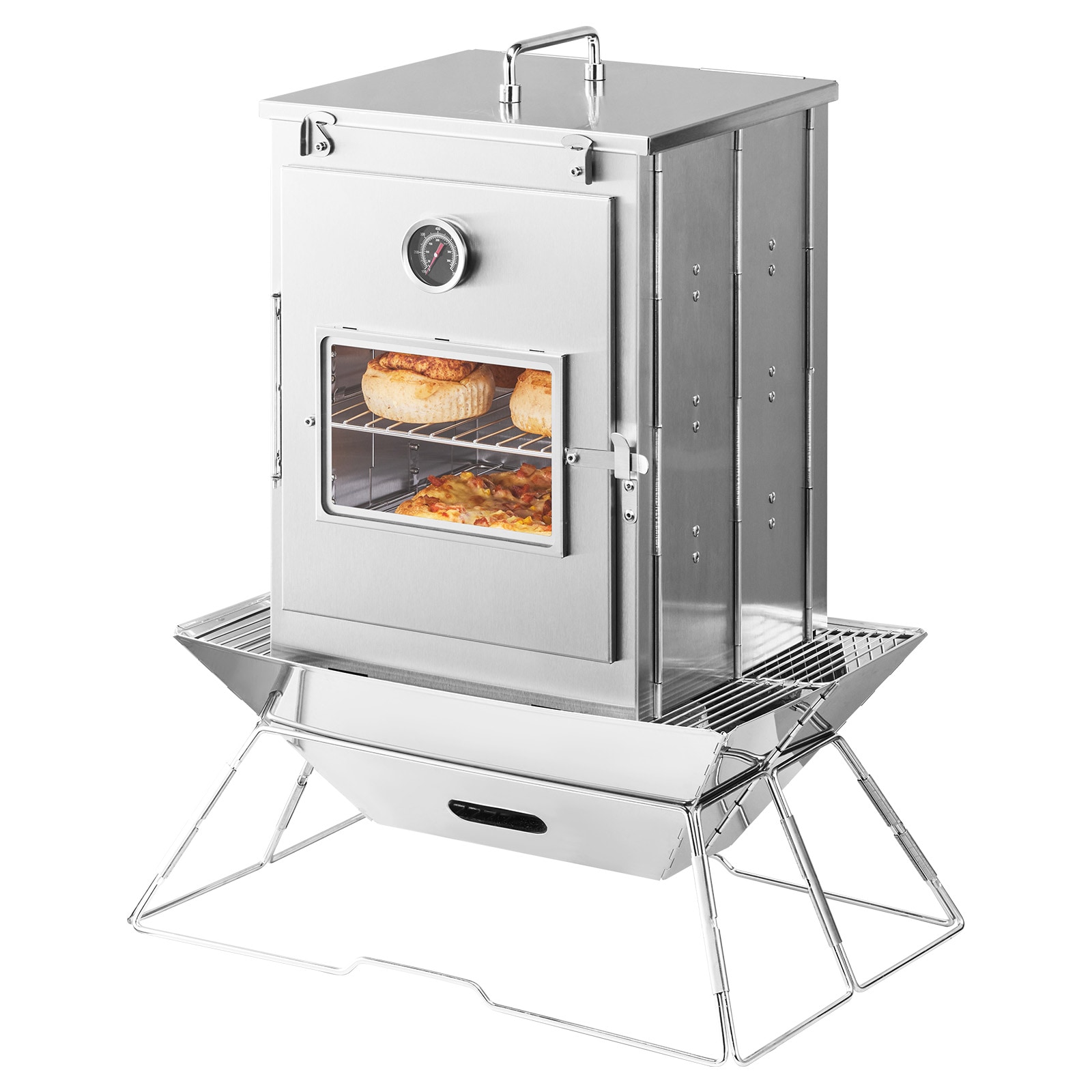 VEVOR SCZDKSC0000008238V0 Foldable Camping Oven  Stainless Steel Portable Camping Stove  with 3 Tier Grill  Handle and Thermometer  Use with Wood Burning Fire  Propane Stoves  for Baking Bread  Pizza  Outdoor Cooking