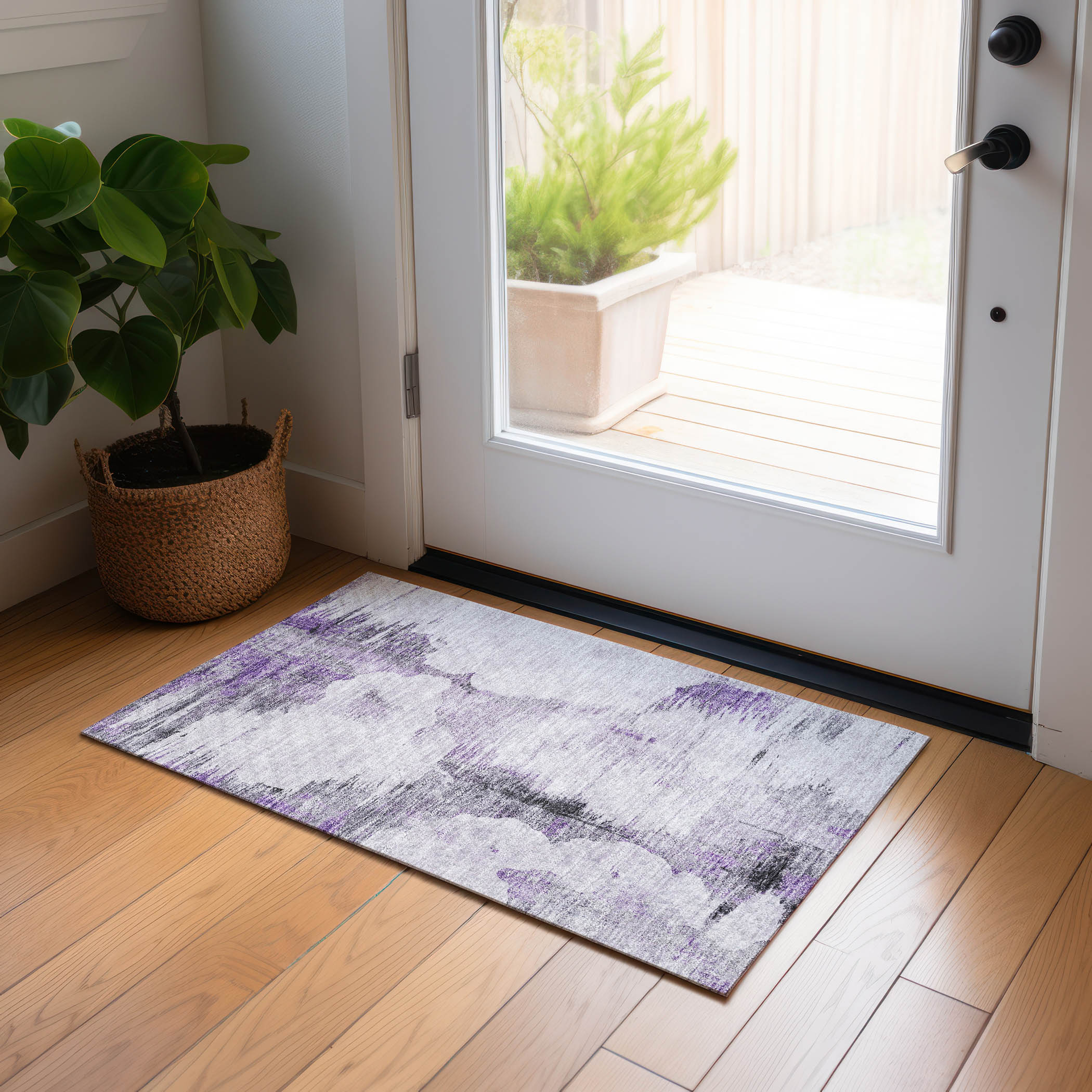 Purple and Gray Synthetic Flat Woven Rectangular Rug