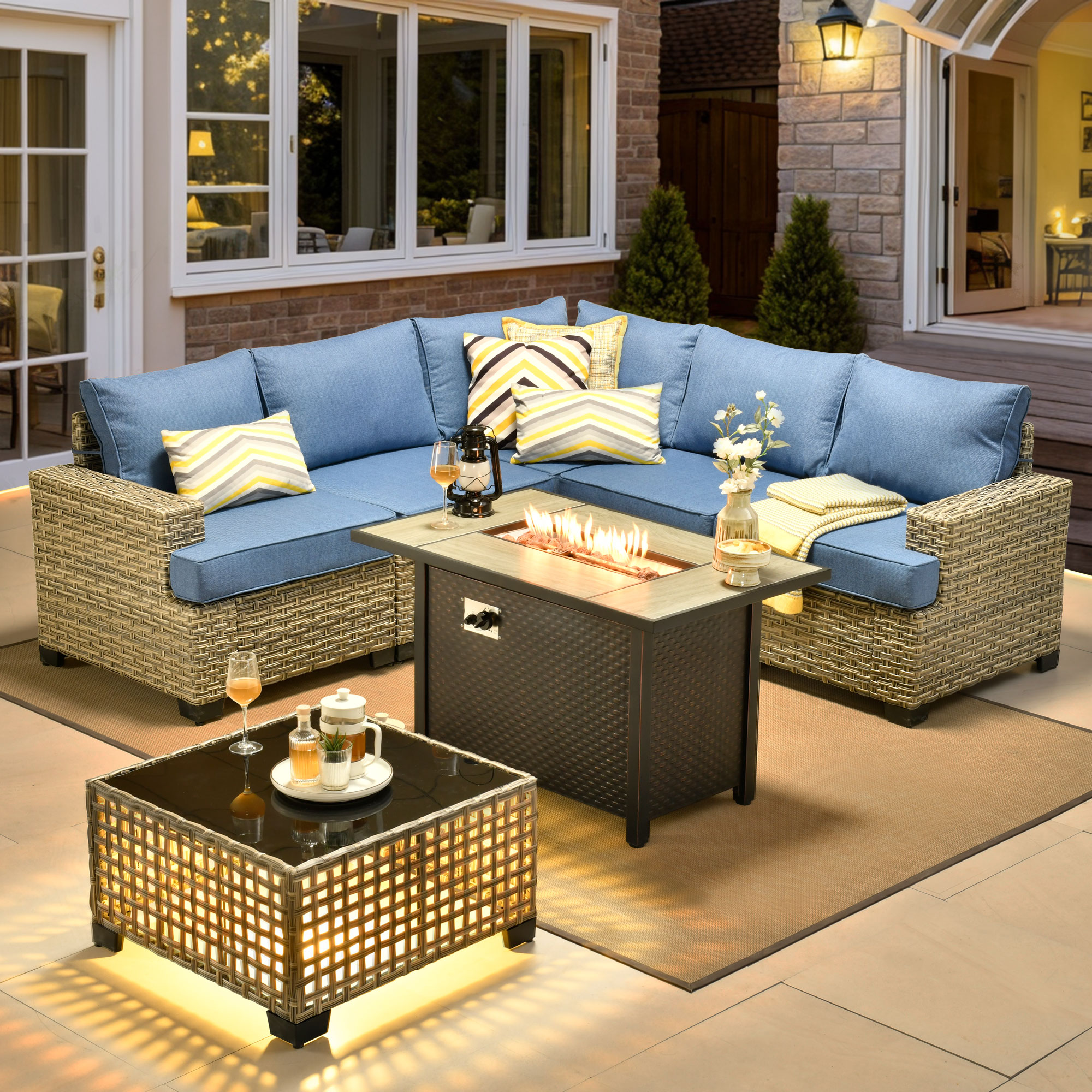 Ovios RFPTS500 7 -Piece Wicker Patio Conversation Set with Blue Cushions