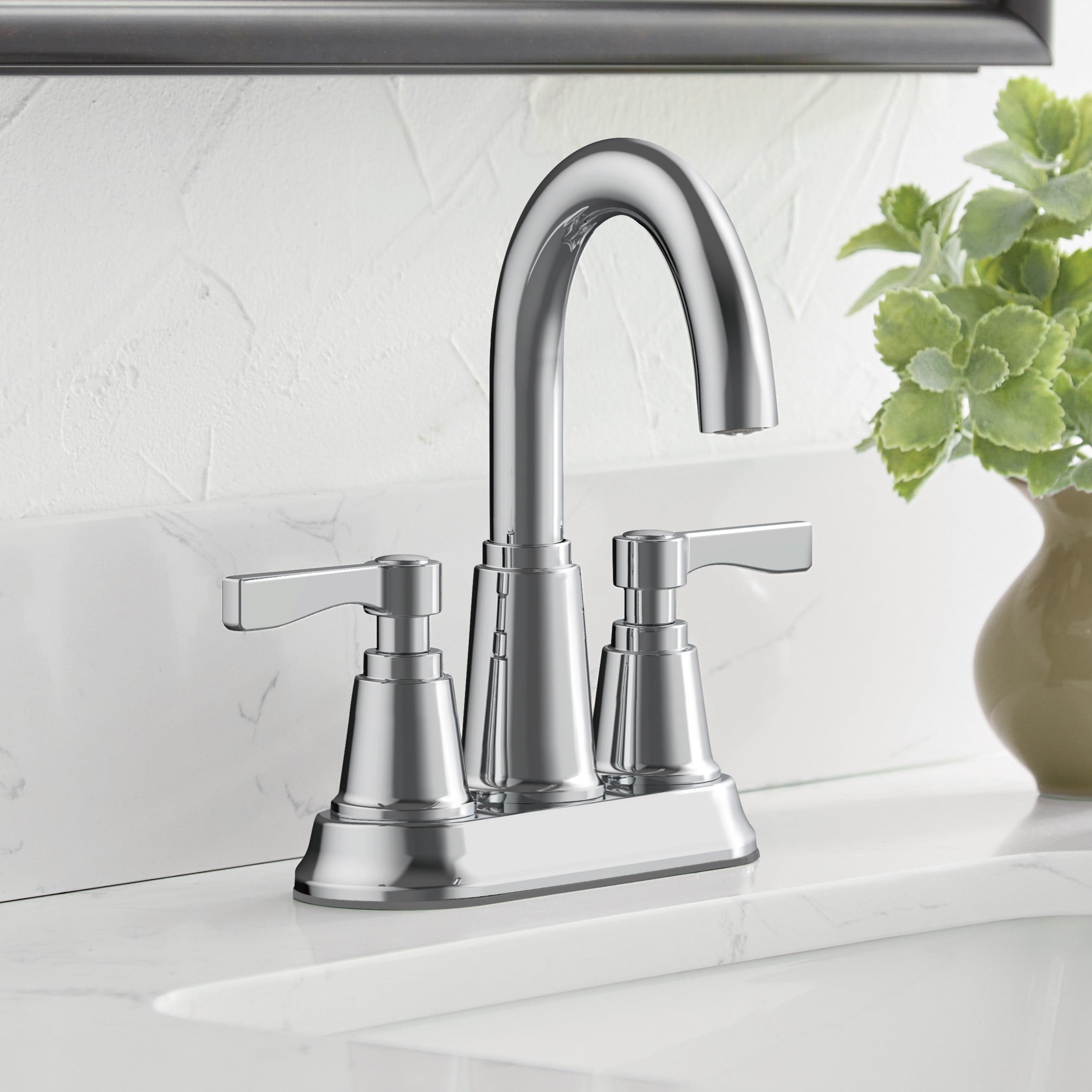 allen + roth 67130W-6001 Townley Polished Chrome 4-in centerset 2-handle WaterSense High-arc Residential Handle Bathroom Sink Faucet with Drain with Deck Plate