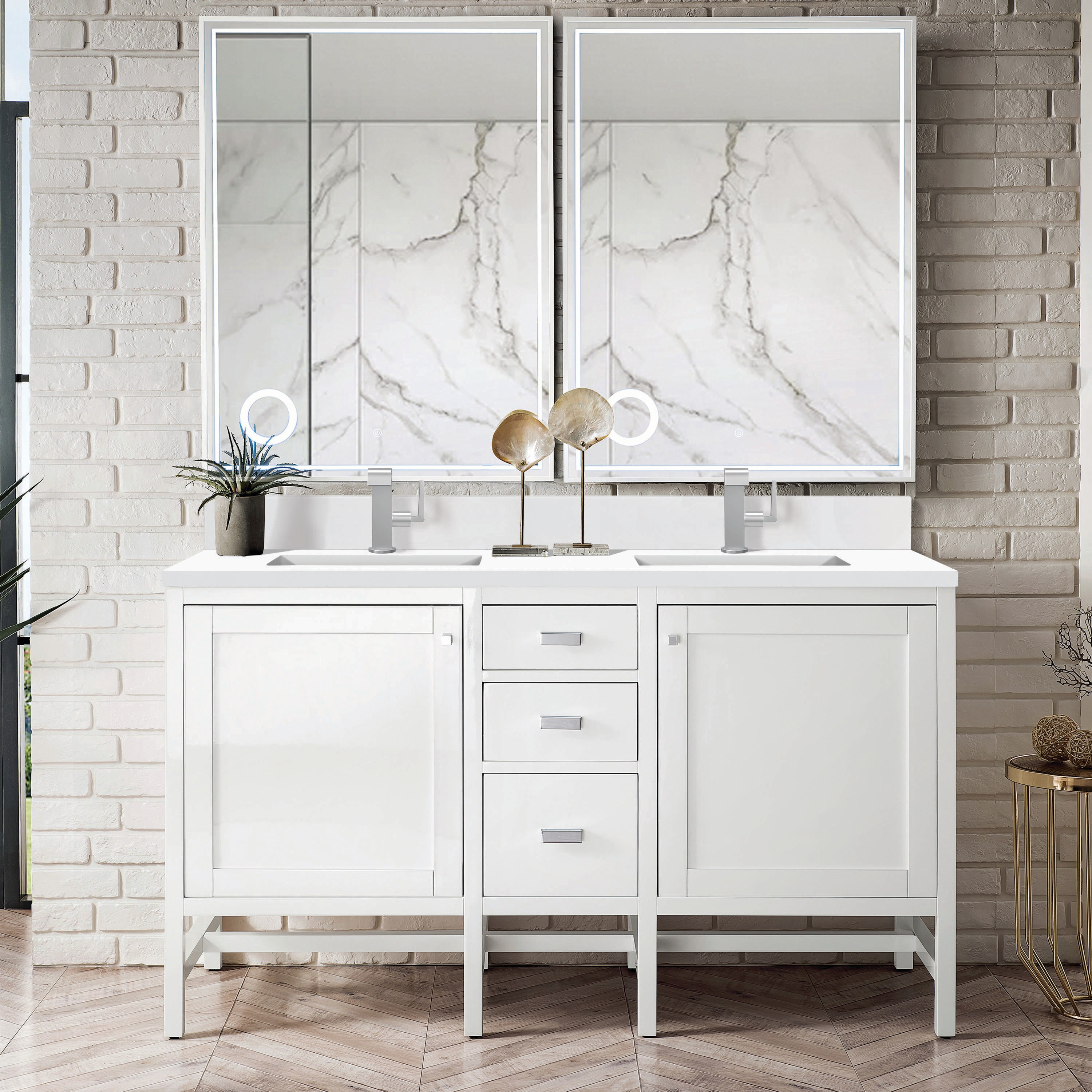 Addison 60" Glossy White Double Freestanding Vanity with Porcelain Sinks