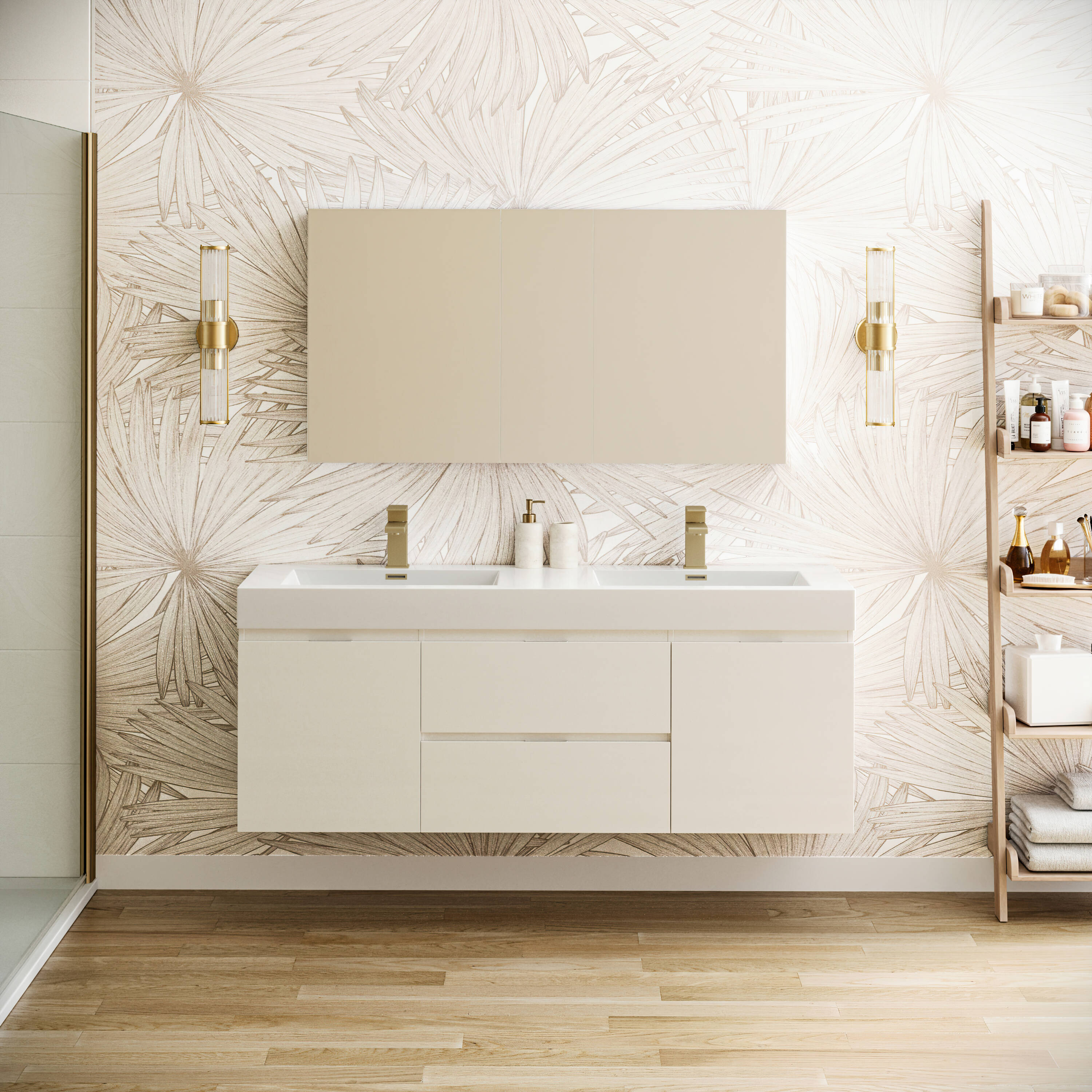 Fresca FVN8360WH-D Valencia 60-in Glossy White Double sink Floating Bathroom Vanity with White Acrylic Top