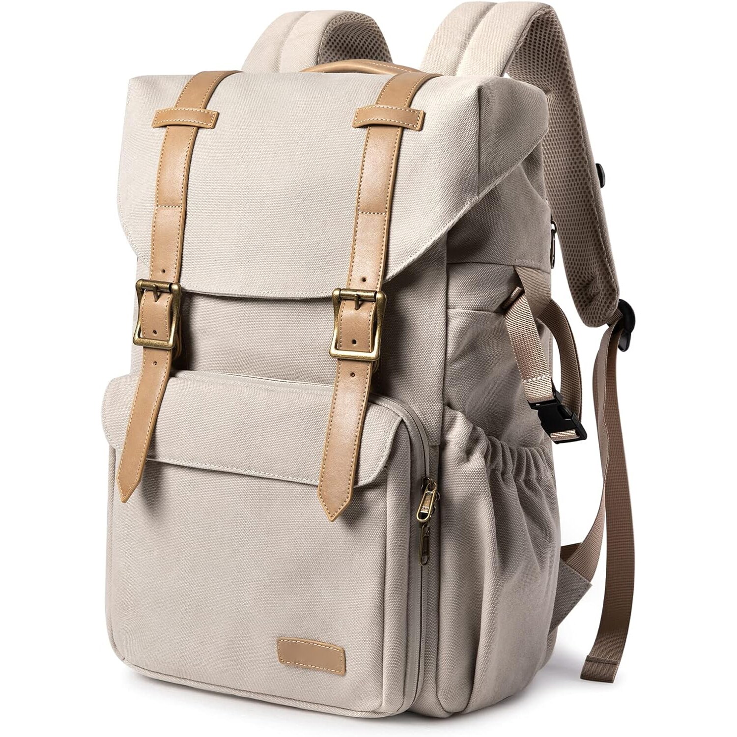 Etokfoks ivory white DSLR camera backpack waterproof canvas bag with rain cover tripod holder and padded 15 in laptop compartment | LET5WTX8H