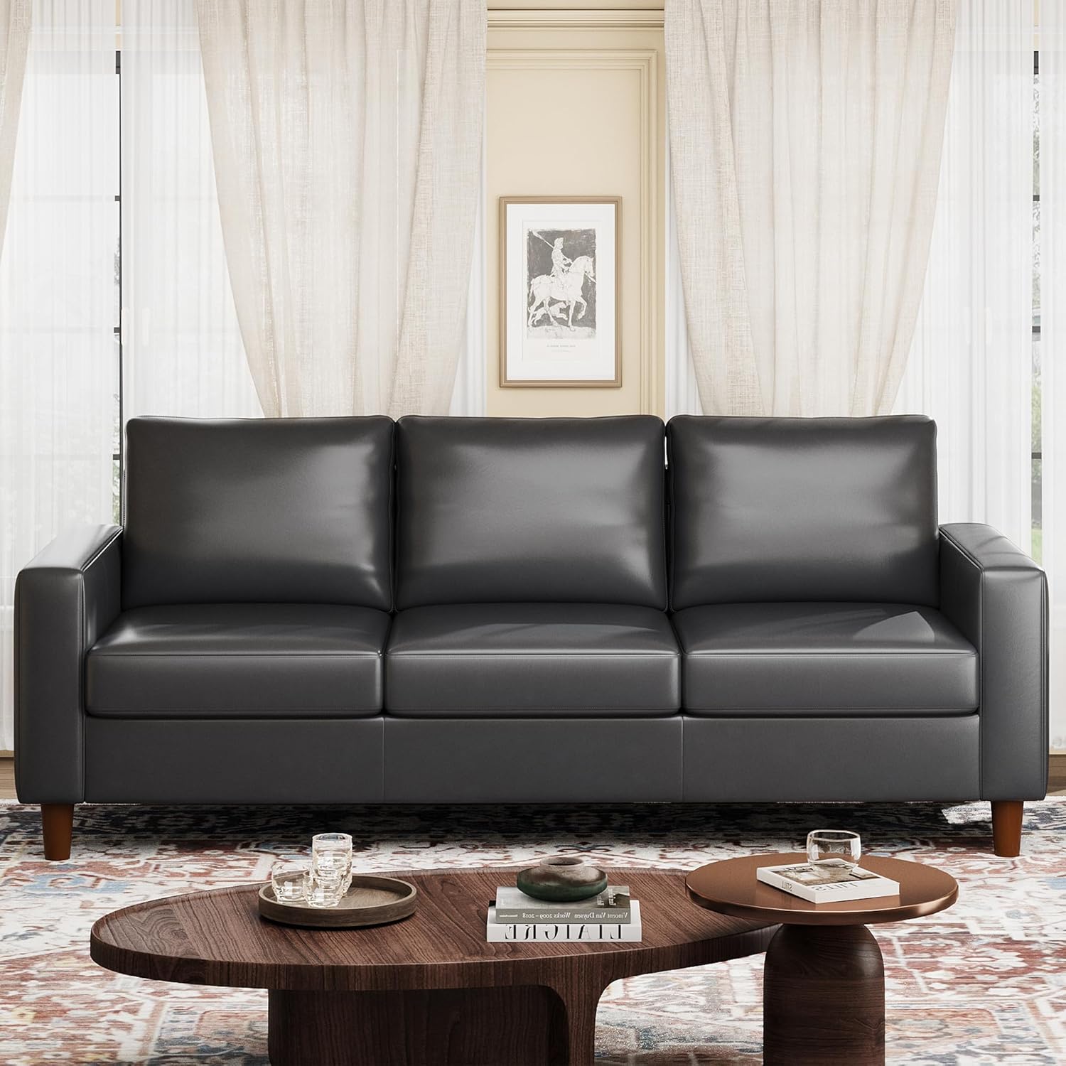 Garvee 85in Leather Couch for Living Room Modern Leather Sofa with Padded Backrest Upholstered Sofa with Deep Seat 3-seat Sofa for Living Room Bedroom Office Black