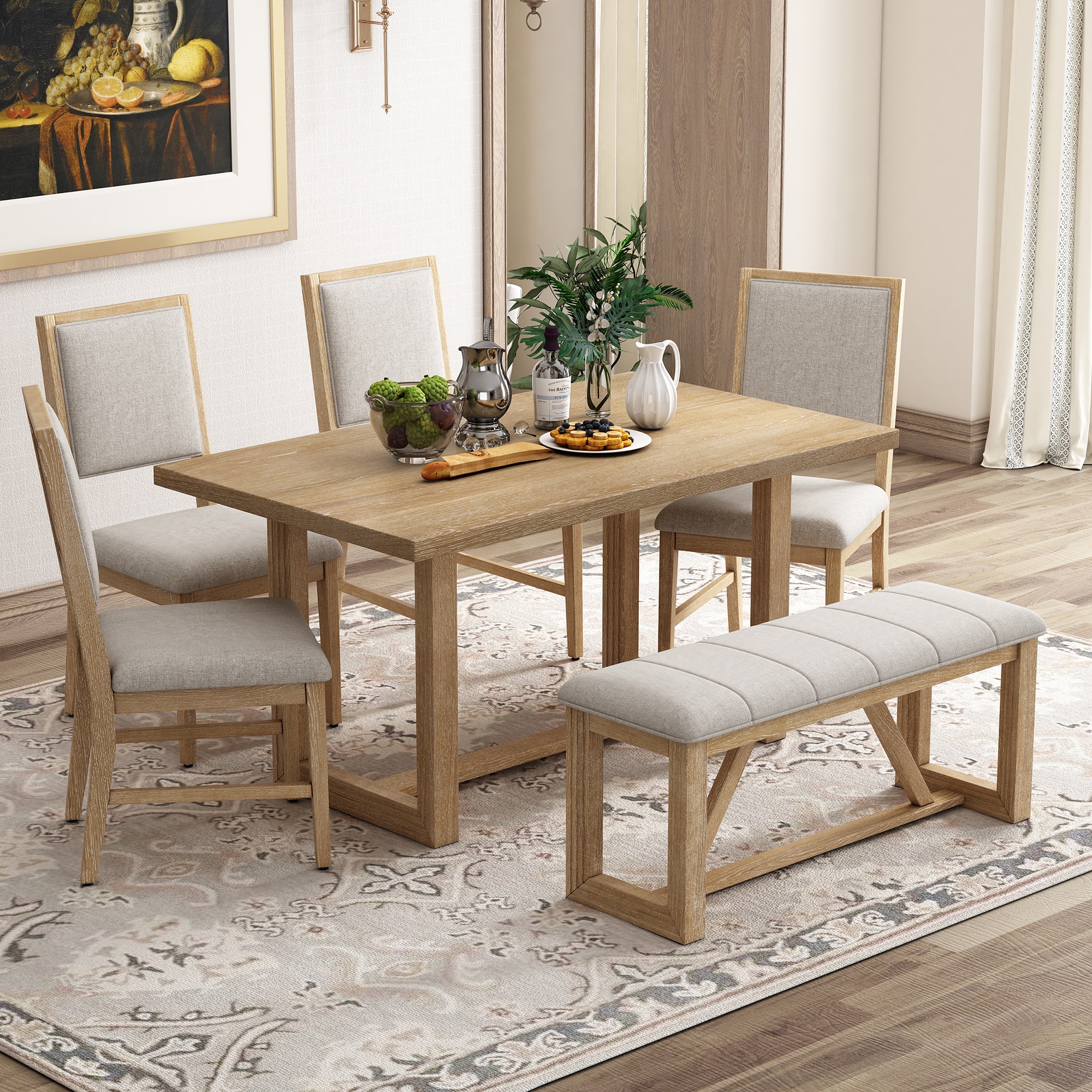 ModernLuxe ST000124AAN 6Piece Retro Dining Table Set for 6 60inch Wood Kitchen Table and Chairs Set of 4 with Bench Designed Trestle Base for kitchen  Dining Room Natural