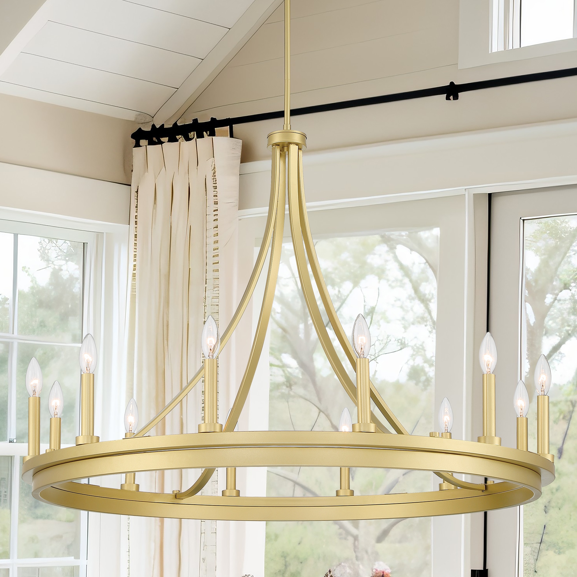 ACROMA 2080712BG Decatur 12 -Light Satin Gold Farmhouse Bare bulb For Use in Bedrooms, Dining Rooms, Foyers, Kitchens, Living Rooms Chandelier