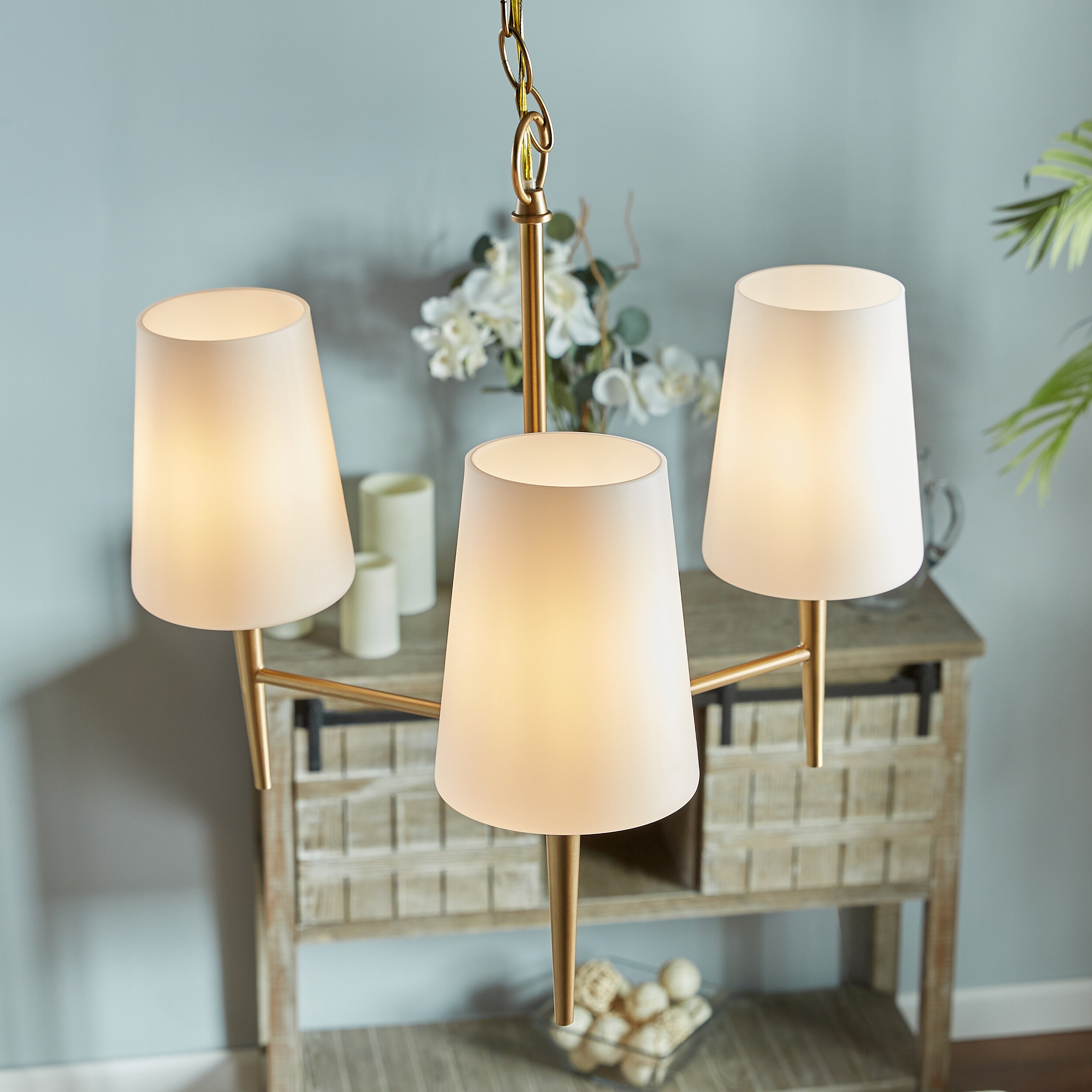 Driscoll Satin Brass and Opal Glass 3-Light Chandelier