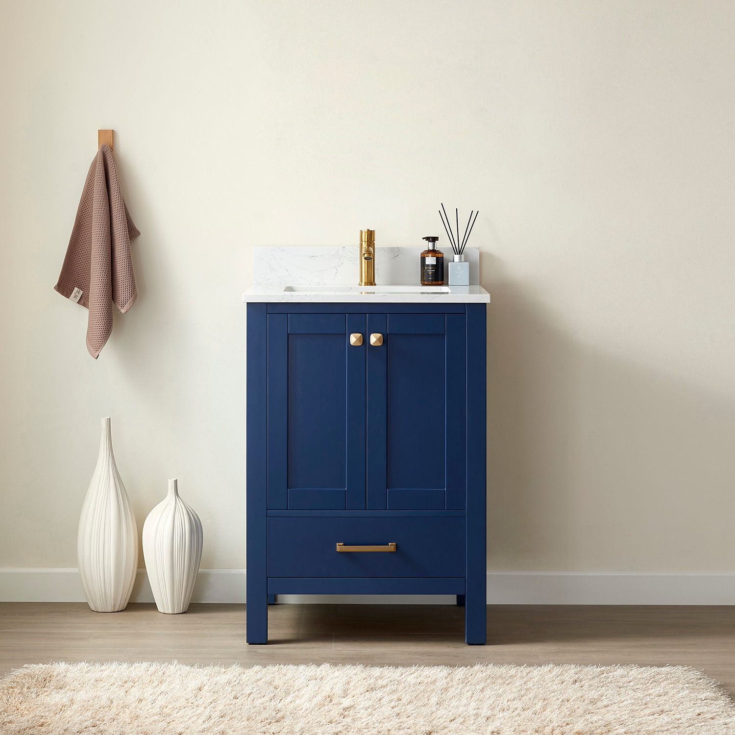 Vinnova 785024-RB-WS-NM Shannon 24-in Royal Blue Undermount Single sink Bathroom Vanity with White Engineered stone Top
