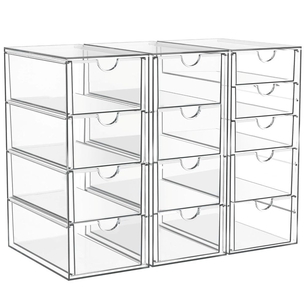Etokfoks 3 Pack Acrylic Organizer with 13 Drawers Clear Stackable Storage Bin for Makeup Desk Office Bathroom 10x7x4.52 Inch Anti Slip Design #LET0316D28
