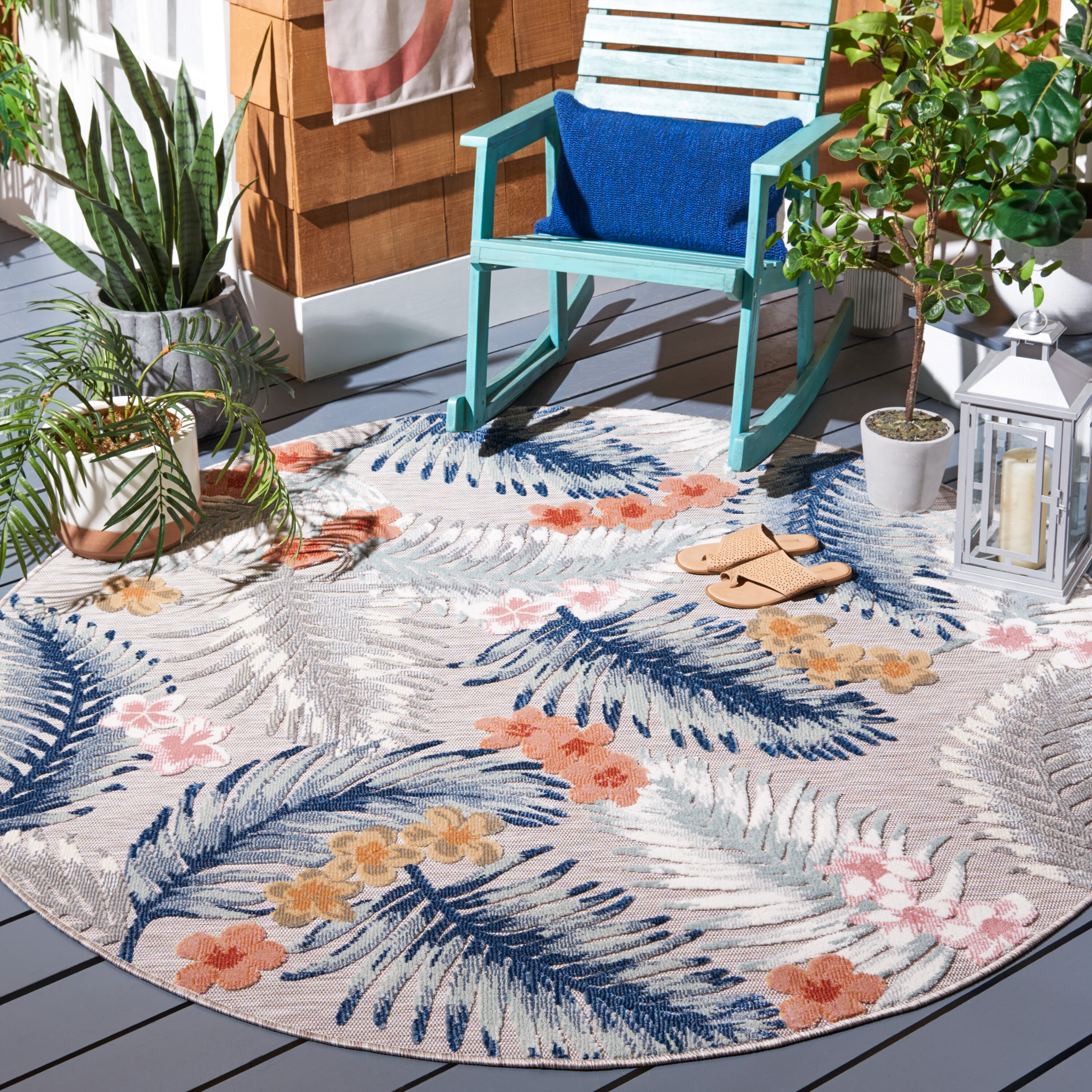 Safavieh CBN451F-7R Cabana 6 x 6 (ft) Loomed Synthetic Gray/Navy Round Indoor/Outdoor Floral Tropical Area rug