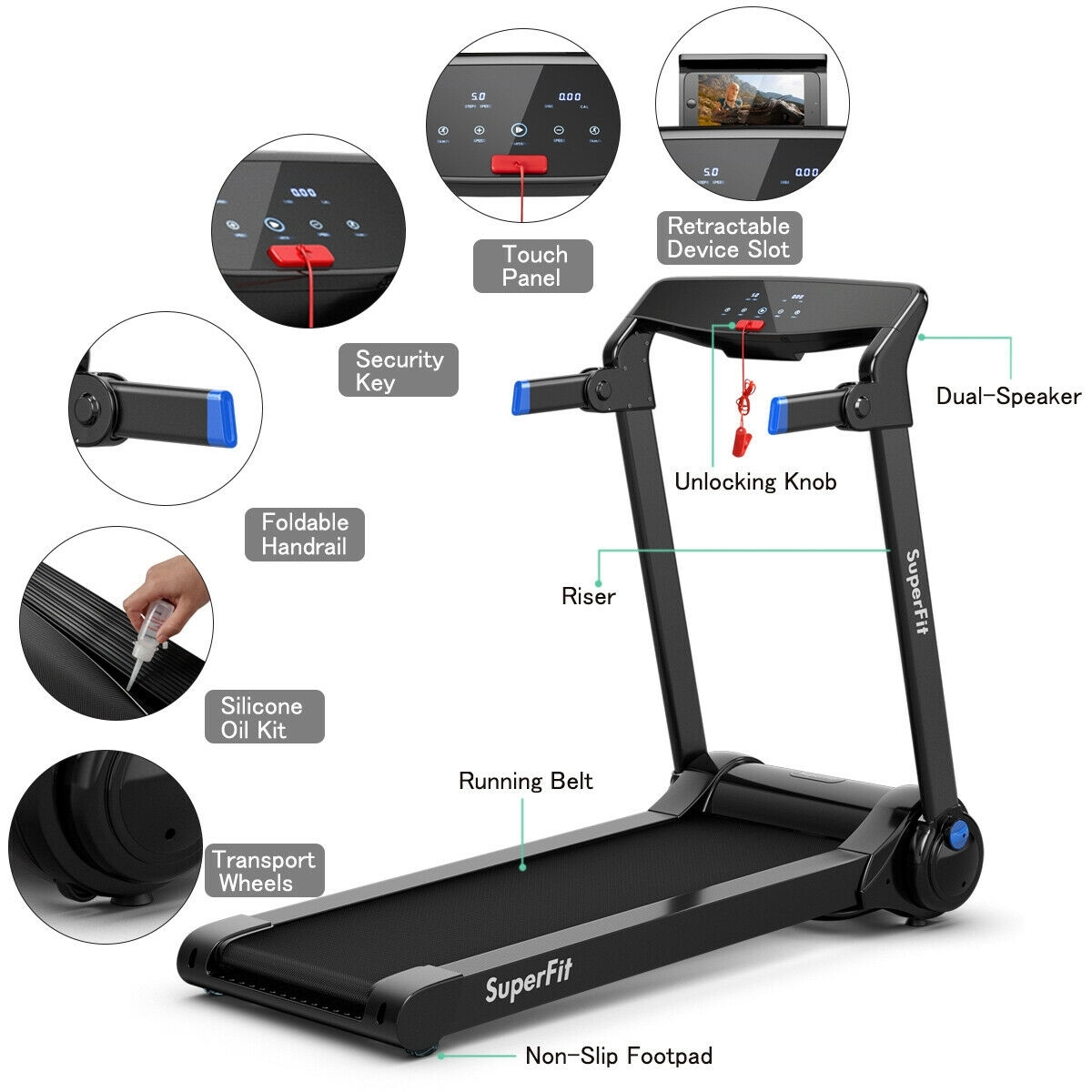 Superfit 2.25 hp folding treadmill best sale running machine led touch display