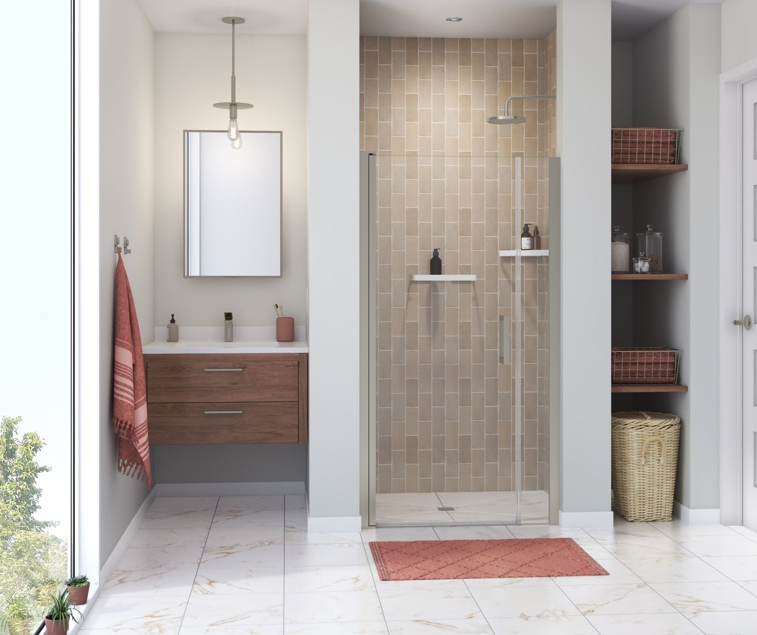 MAAX 838266-900-305-100 Manhattan Brushed Nickel 35-in to 37-in W x 68-in H Frameless Pivot Shower door 1/4-in Thick Clear Glass