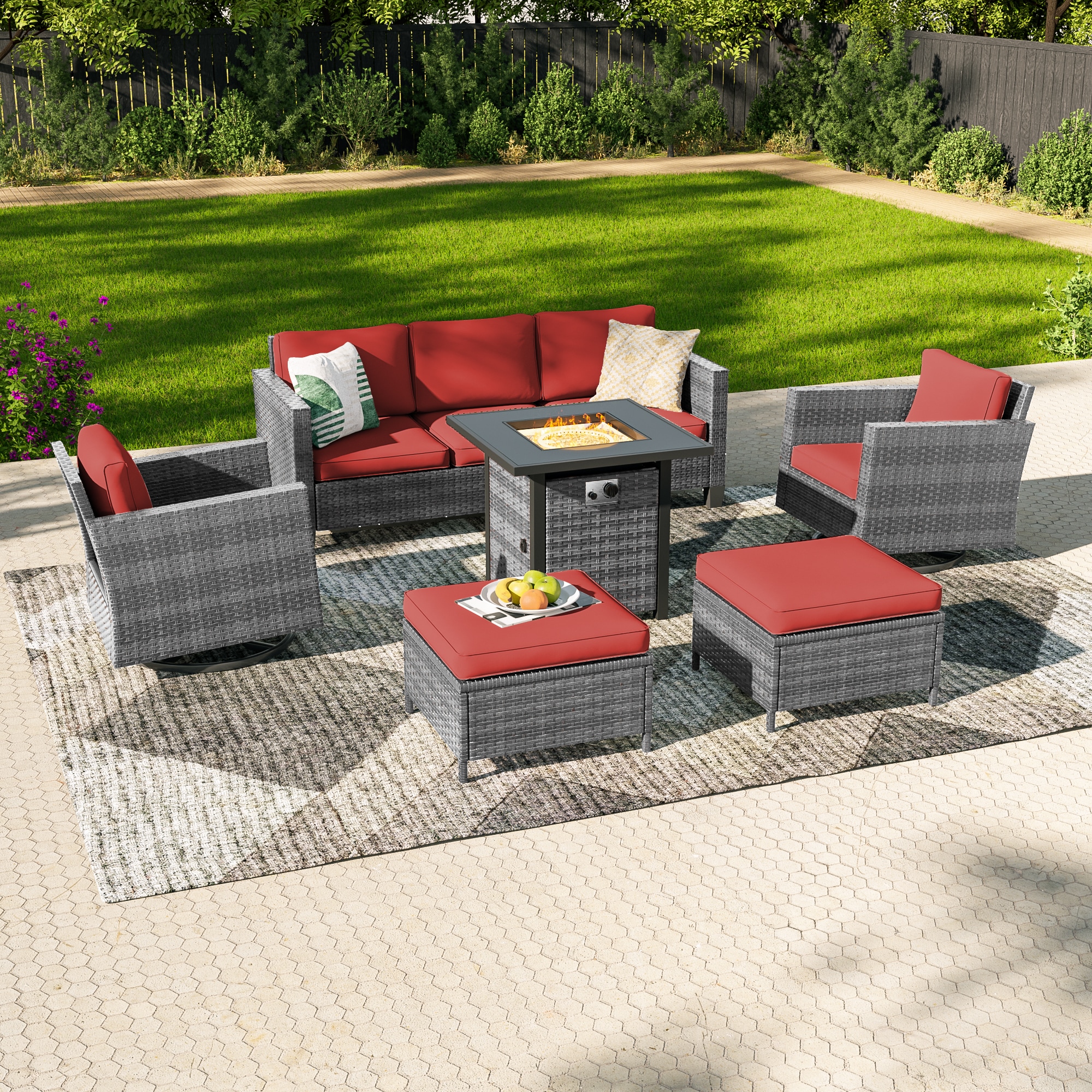 Sonkuki SD-PSS1-2RHOG-T4 Patio Conversation Set 6 -Piece Wicker Patio Sofa Conversation Set with Red Cushions