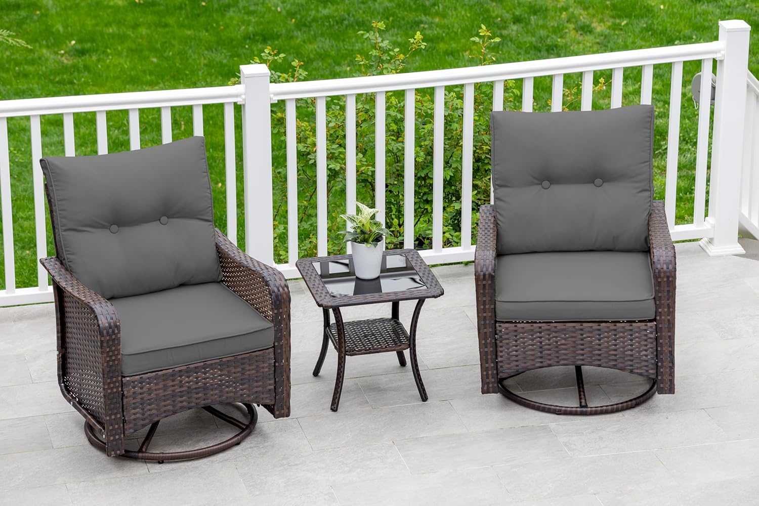 ALAULM LS-SRC-GREY Wicker Swivel Rocking Chair Set Set of 2 Wicker Brown Wicker Frame Swivel rocker Rocking Chair with Gray Solid Seat