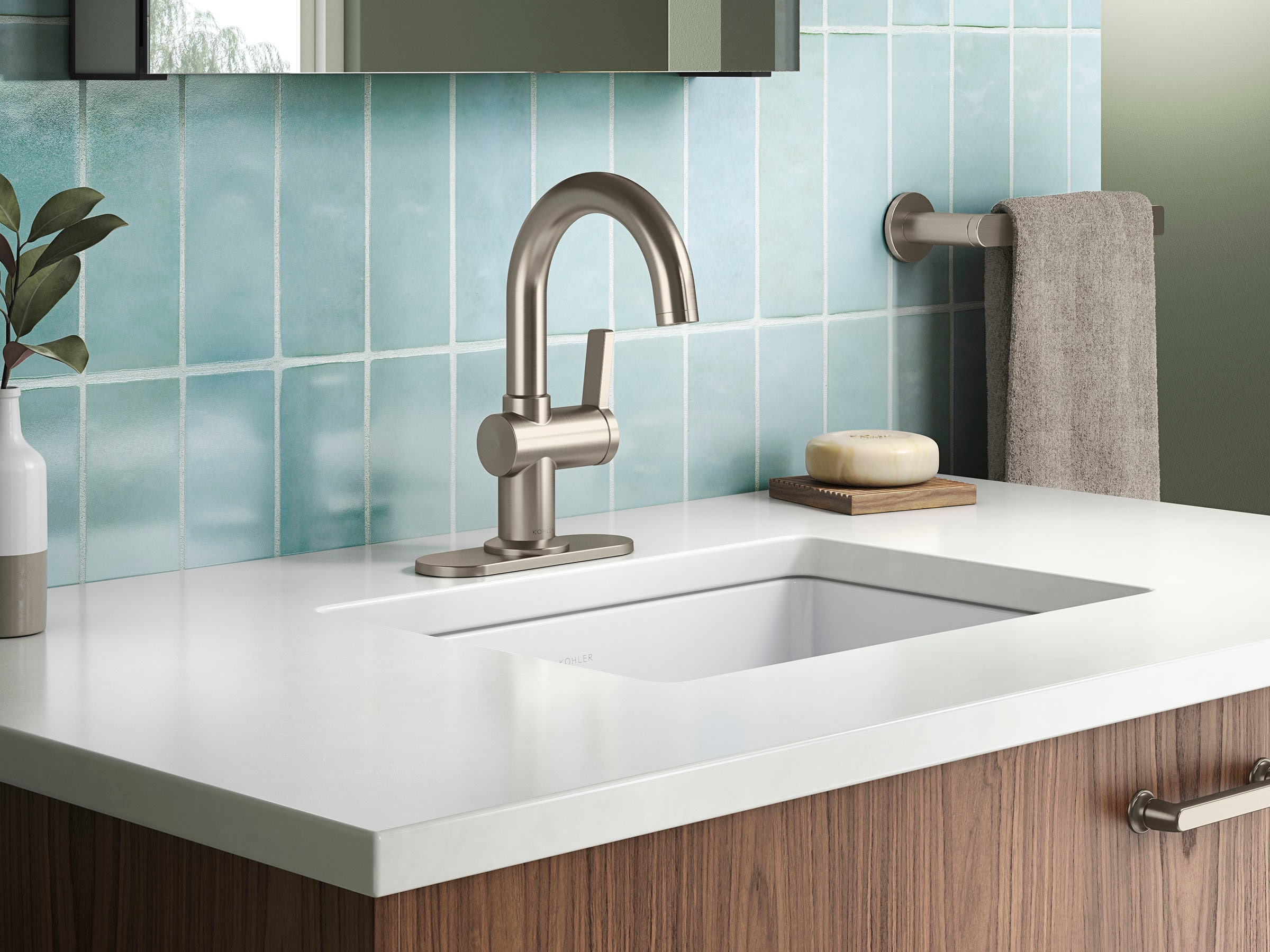 KOHLER REC28731-4D-BN Premise Vibrant Brushed Nickel Single hole 1-handle WaterSense High-arc Residential Handle Bathroom Sink Faucet with Drain with Deck Plate