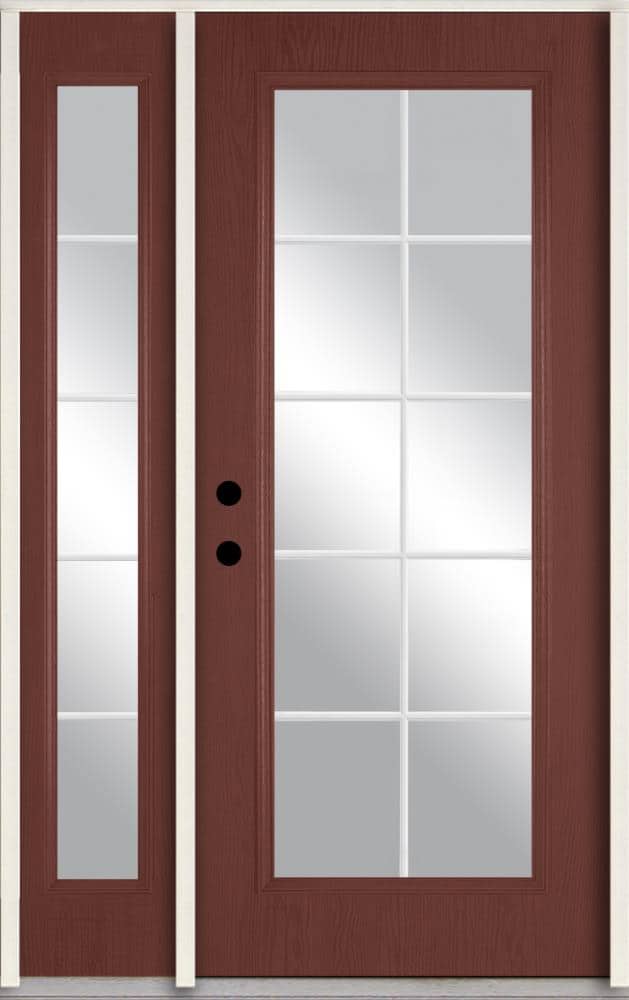 RELIABILT LO889993 48-in x 80-in x Fiberglass Full lite Right-hand inswing Wineberry Stained Prehung Front Door with Right Sidelight Insulating core with Grilles