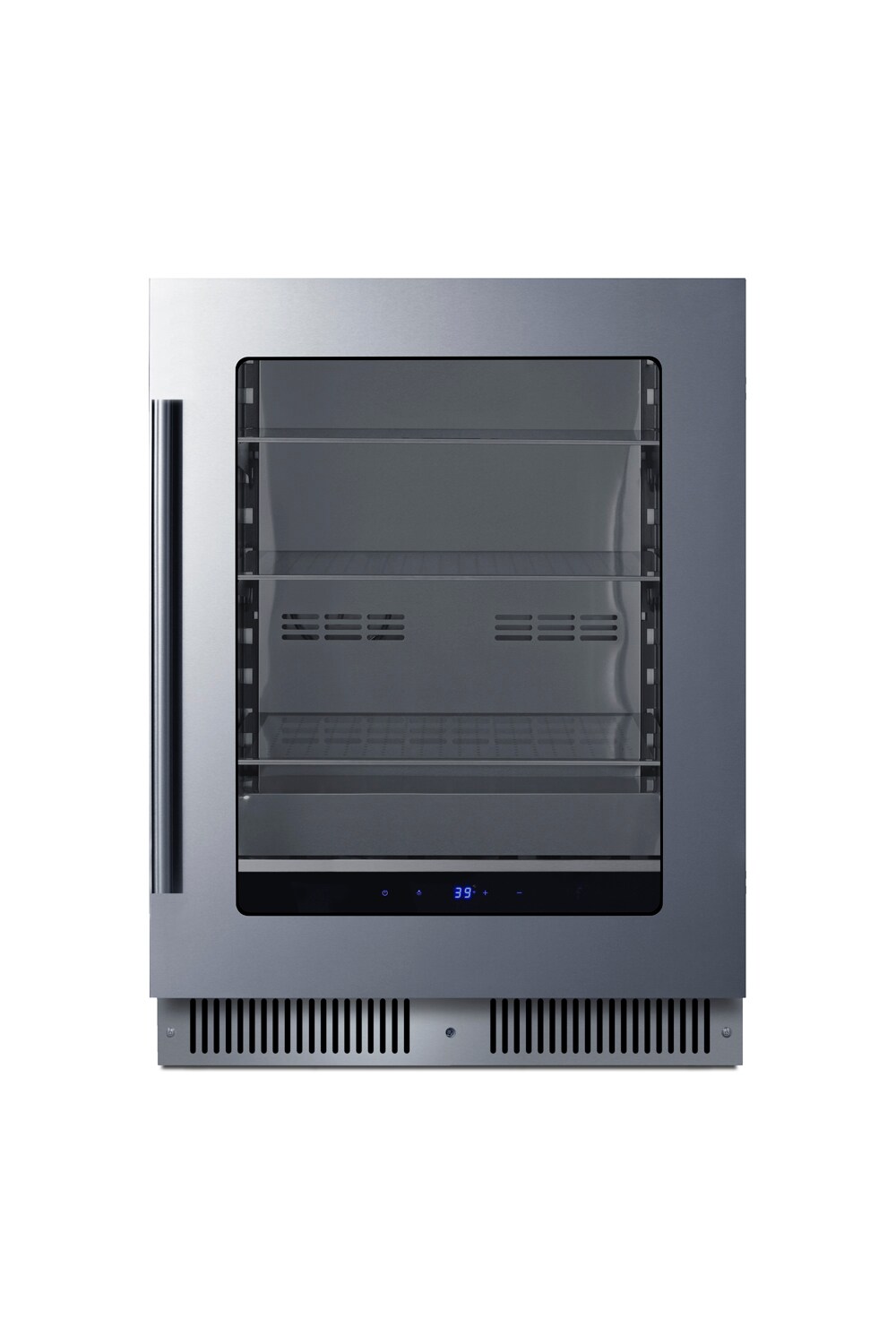 Summit Appliance SDHG2443 23.38-Inches W 100 -Can Capacity Seamless stainless steel trimmed glass door Undercounter Indoor Beverage Refrigerator with Glass Door
