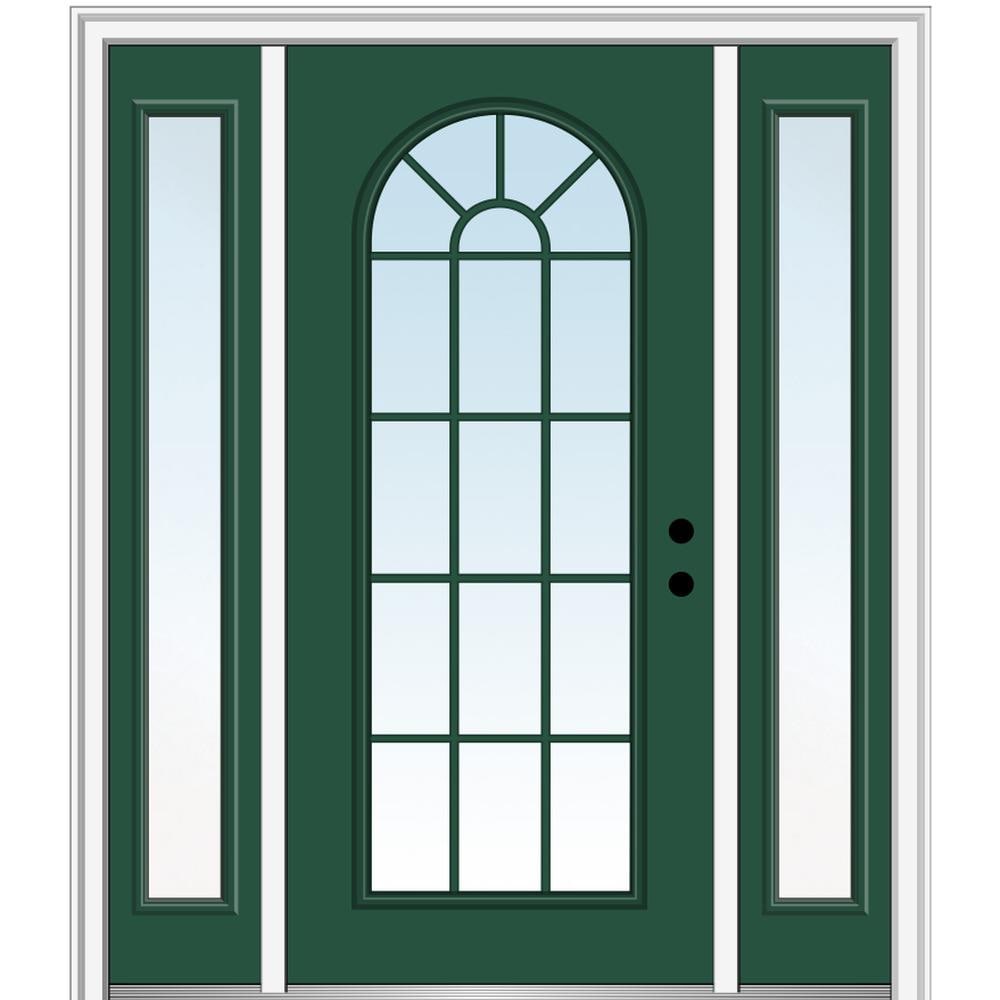 MMI DOOR ZZ09282L 64-in x 80-in x 4-9/16-in Fiberglass Full lite Left-hand inswing Hunter Green Painted Prehung Front Door with Sidelights with Brickmould Insulating core with Grilles