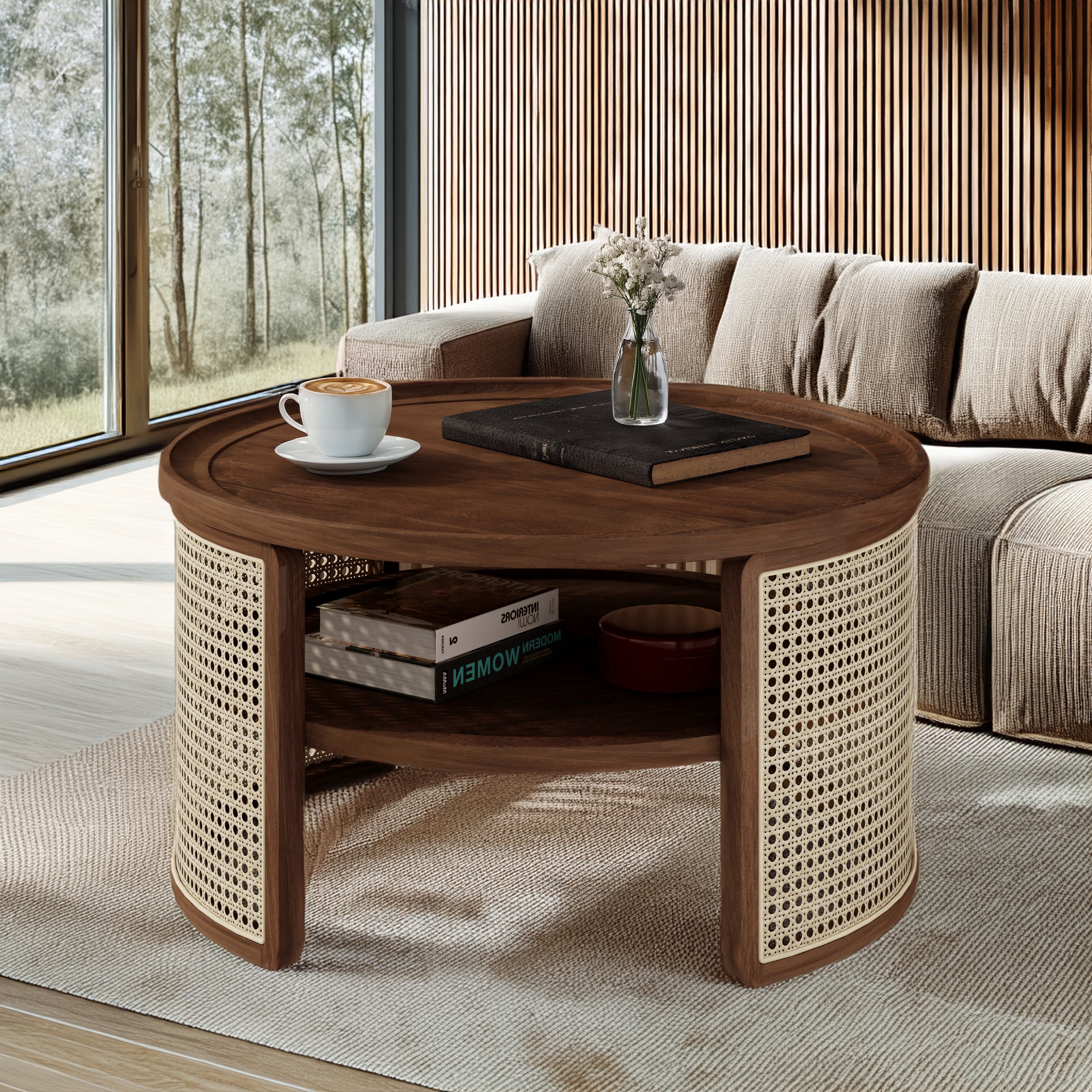 ModernLuxe L3P-N735P185131D 2Tiered Round Walnut Wood Coffee Table with Storage Rattan Base in 31.3inch