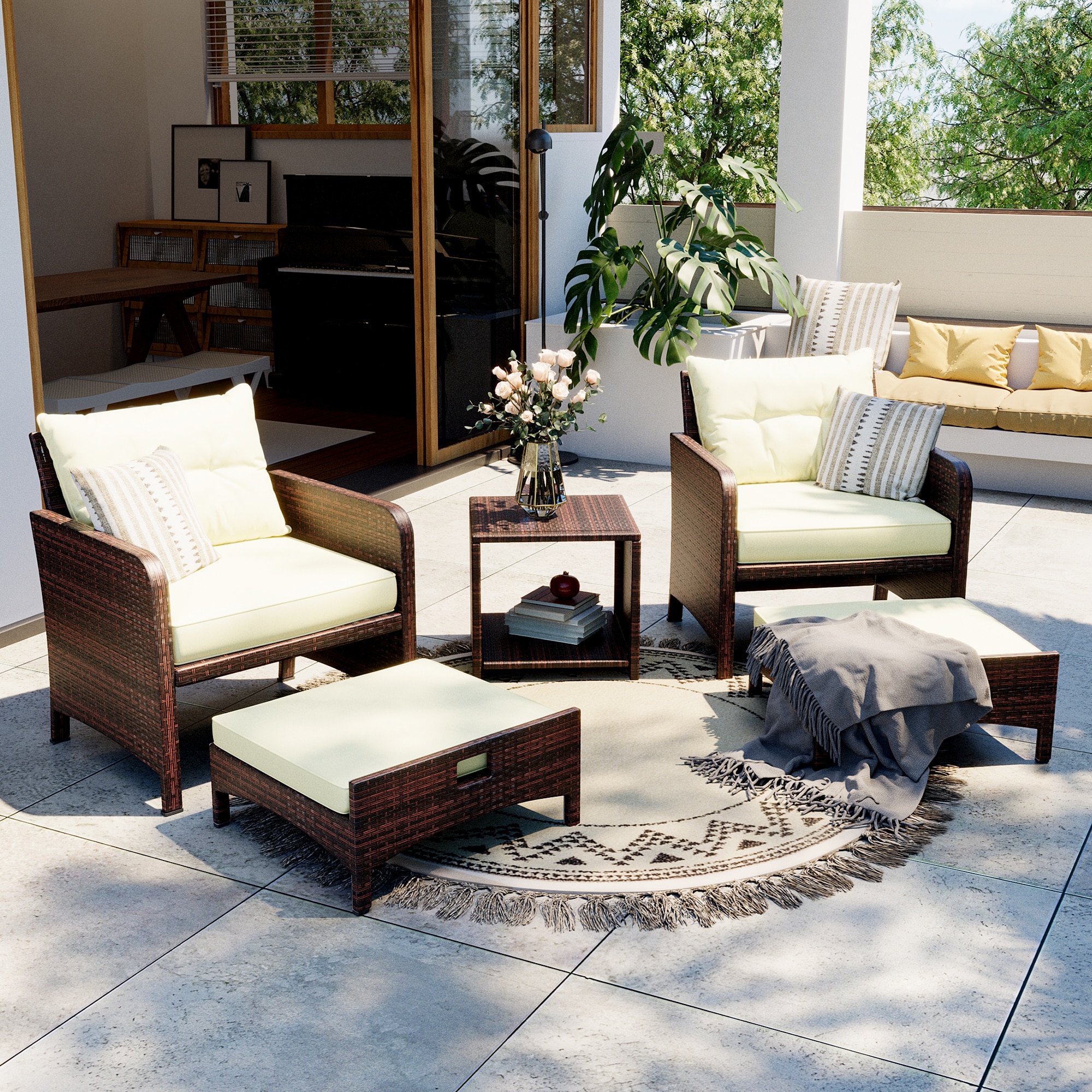 PamaPic BT-JD5-WL1 5-Piece Patio Conversation Set 5 -Piece Wicker Patio Conversation Set with Off-white Pamapic Cushions