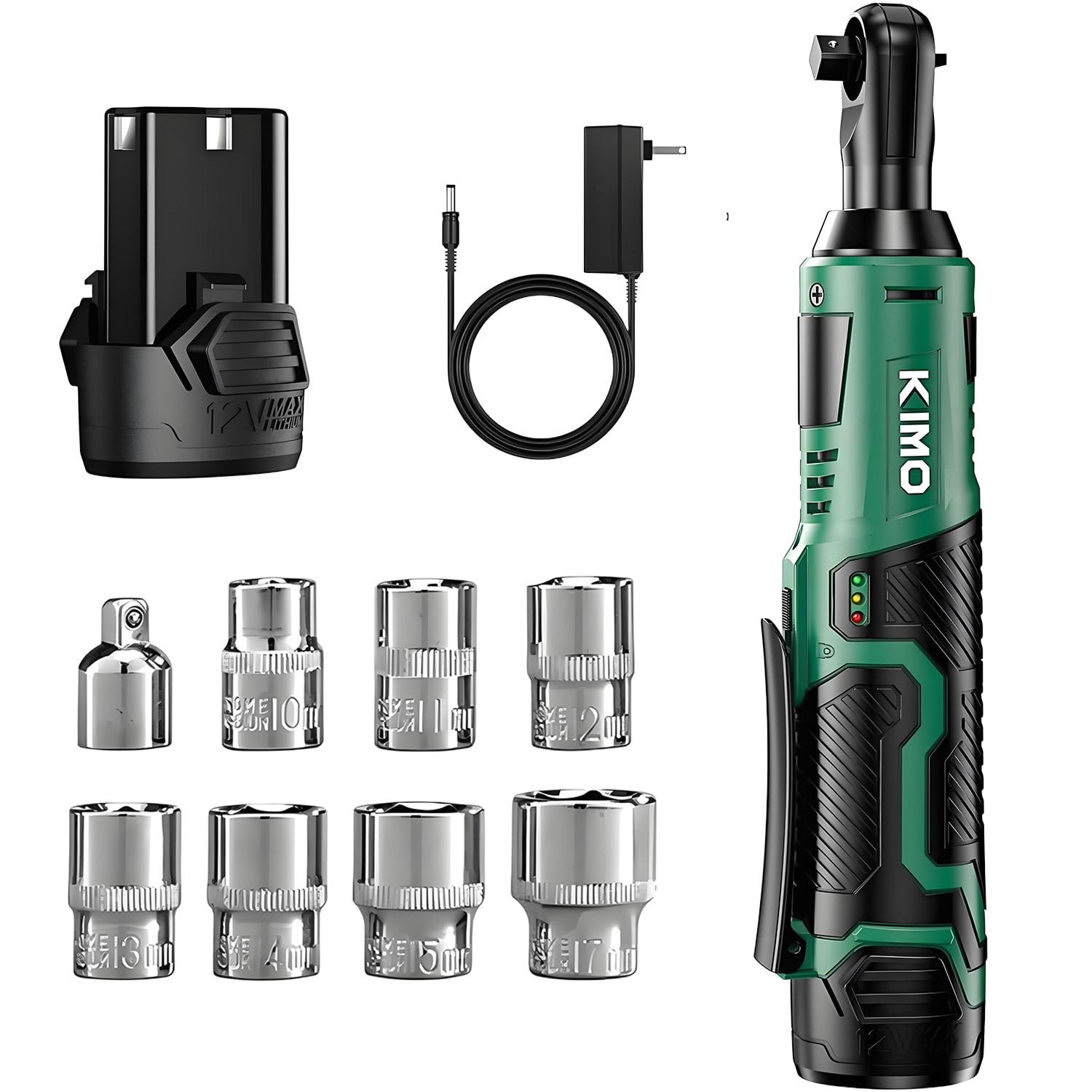 KIMO  12V Max 3/8-in Cordless Ratchet Wrench Kit 40 Ft-lbs 400 RPM Includes 2.0Ah Lithium-Ion Battery 60-Minute Fast Charger 7 Sockets and 1-4-in Adapter