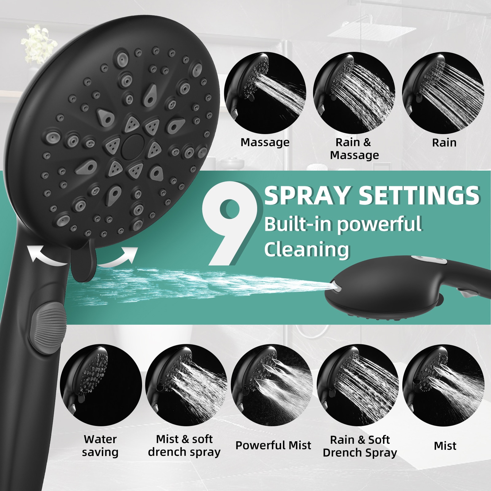 Matte Black Handheld Shower Head with Adjustable Spray Settings