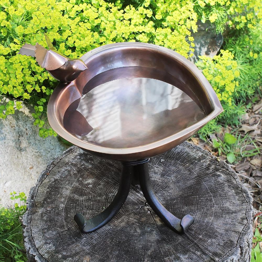 Heart Shaped Copper Birdbath with Black Wrought Iron Stand