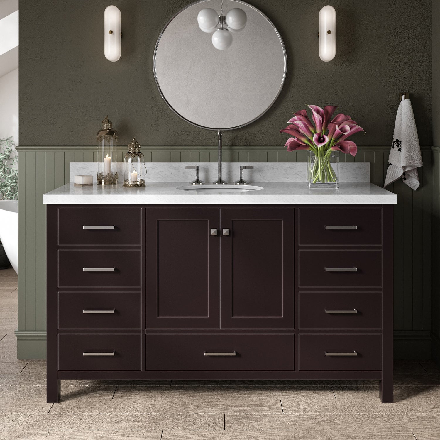ARIEL A061S-VO-ESP Cambridge 61-in Espresso Undermount Single Sink Bathroom Vanity with Carrara White Marble Natural Marble Top