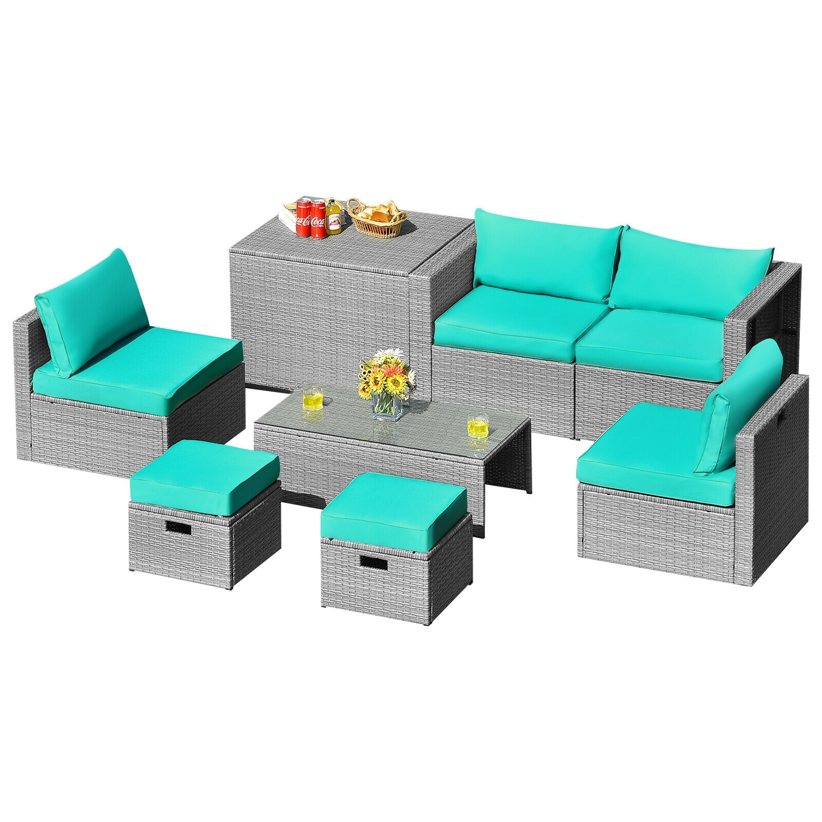 Slickblue D-CO-+UT40686WH 8-Piece Rattan Patio Conversation Set with 1 Tempered Glass Coffee Table 1 Storage Box 2 Ottomans 2 Armless Sofas And 2 Corner Sofas Cushions Included for Deck or Backyard