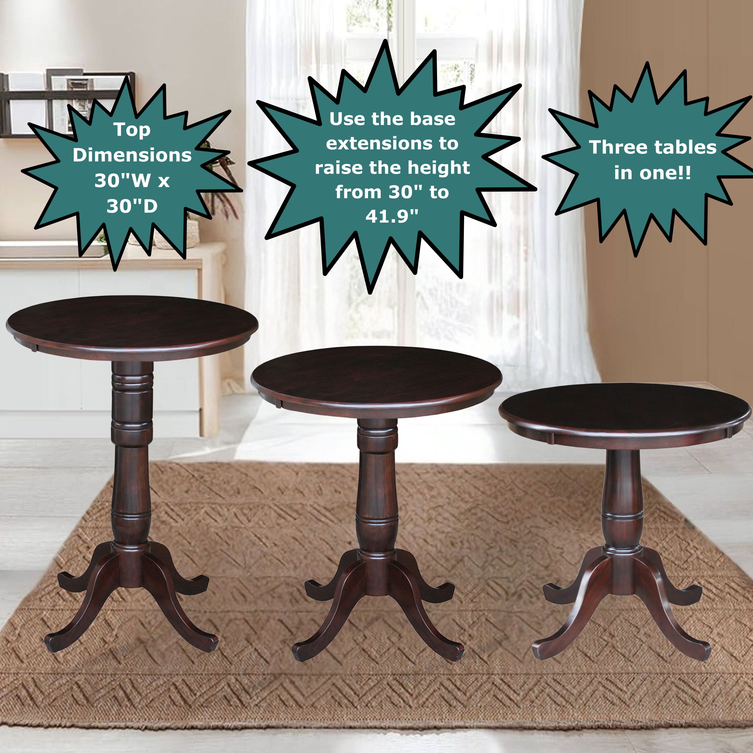 30" Round Dark Brown Wood Bar Height Pedestal Table
