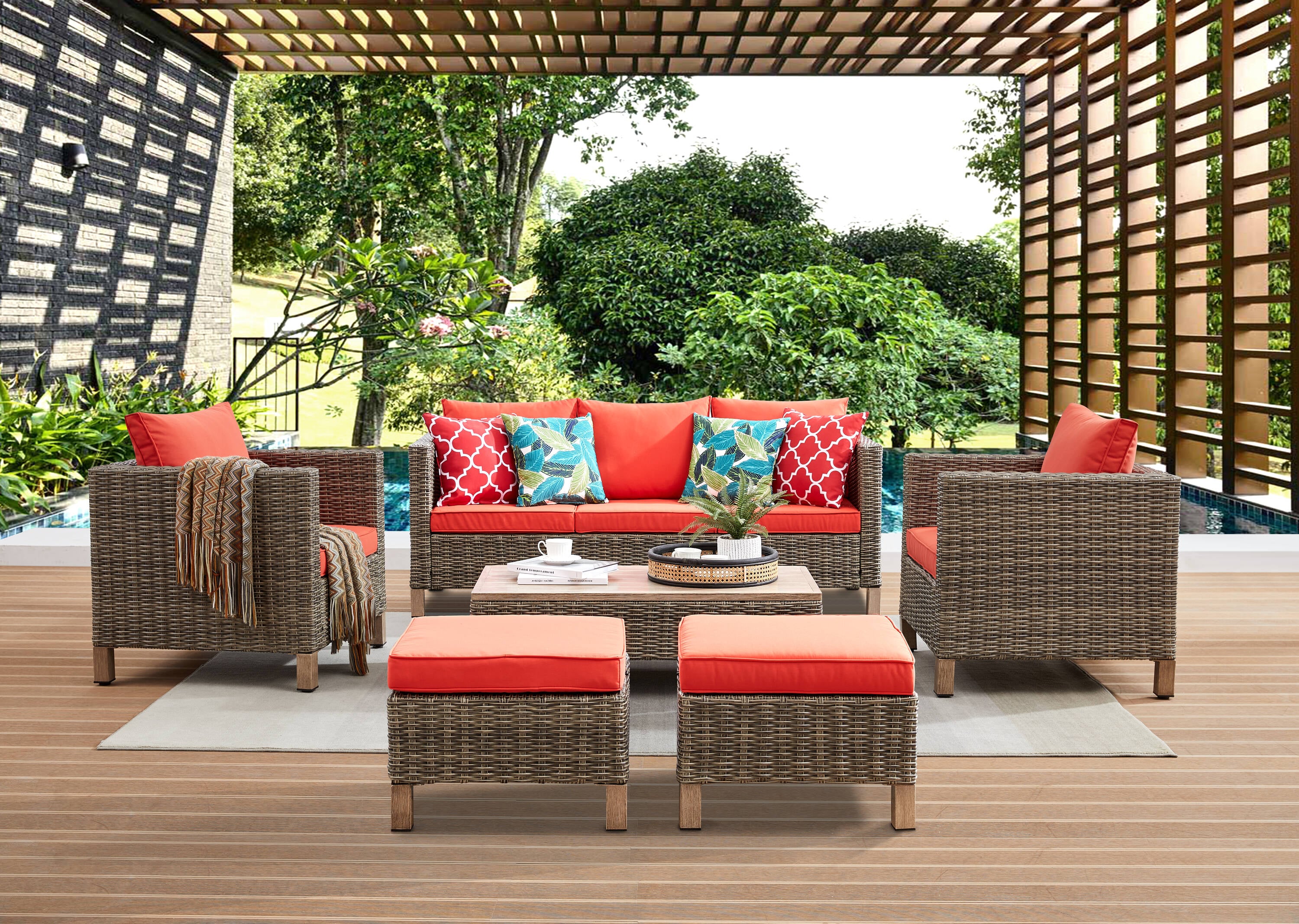 EDYO LIVING SMX02-OR 6 -Piece Wicker Patio Sofa Conversation Set with Orange Cushions